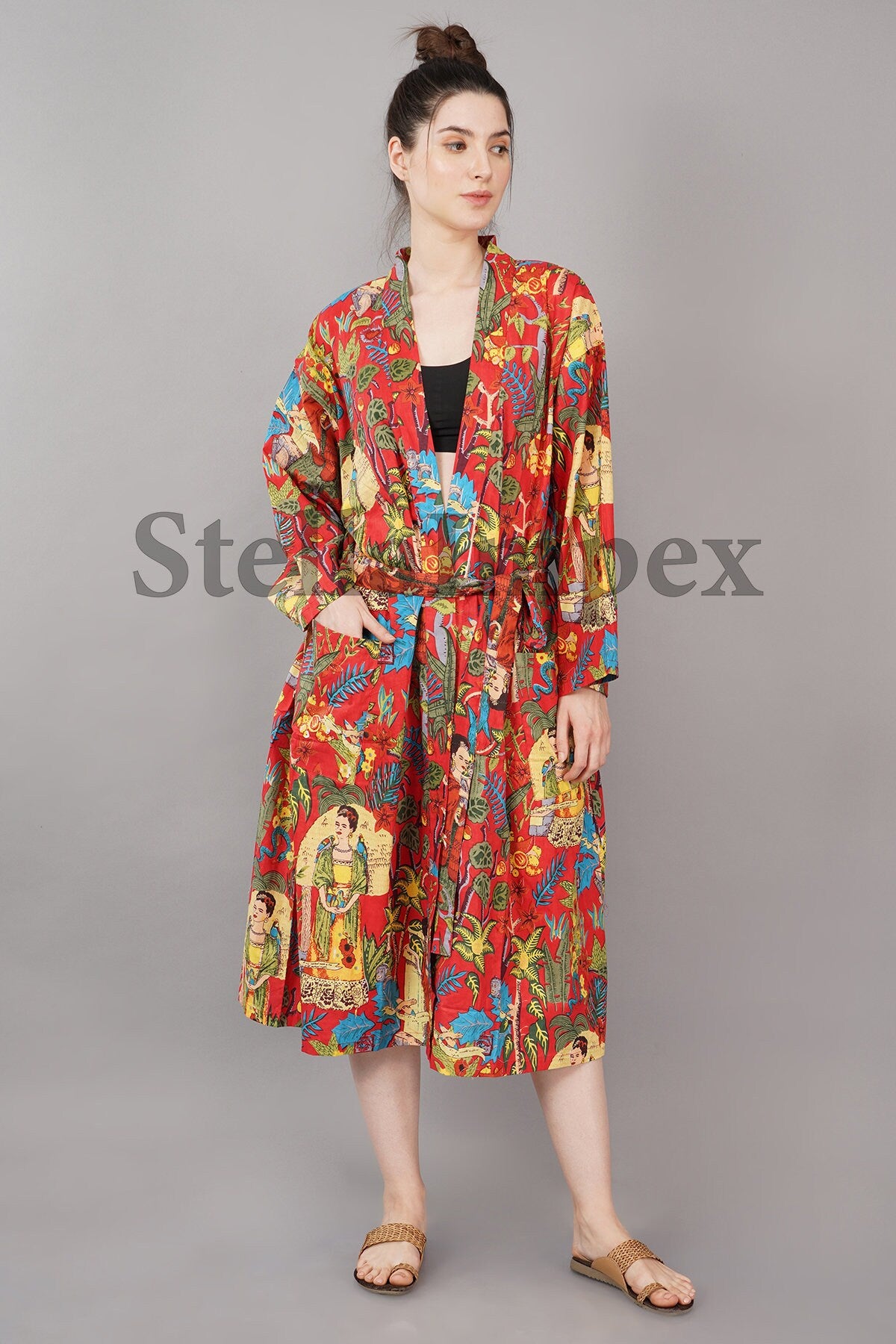 Trendy Cotton Kimono Elegant Red Frida Kahlo Print Bathrobe Resort Wear Beach Bikini Cover-ups Boho Kimono Bathrobe, Gift for Her