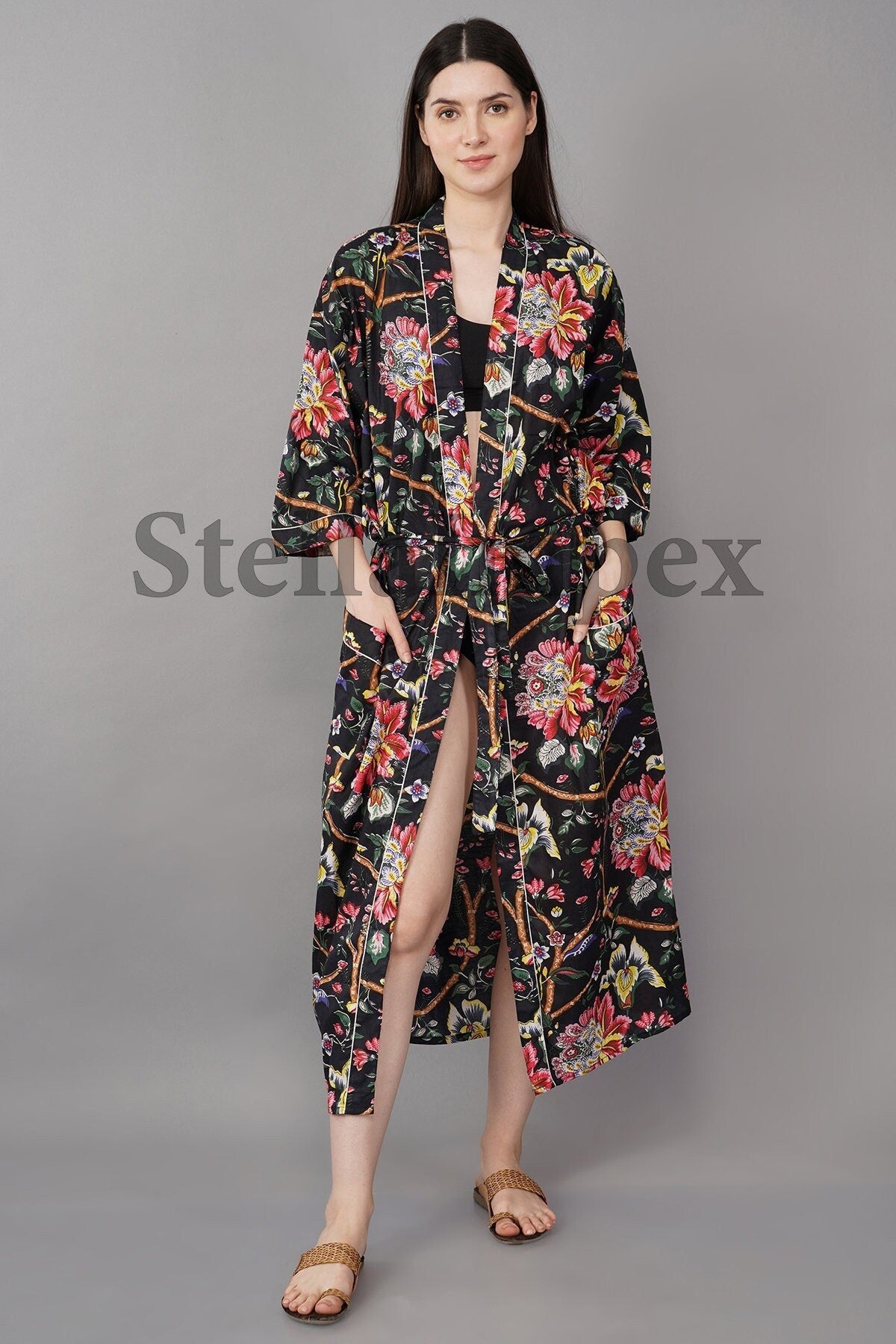 Indian Handmade Cotton Kimono Elegant Black Floral Bathrobe Resort Wear Beach Bikini Cover-ups Boho Kimono Bathrobe, Gift for Her