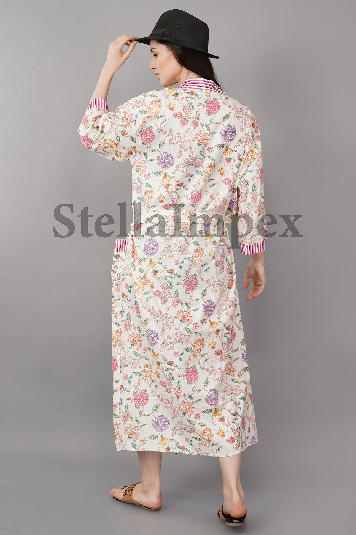 Indian Handmade Cotton Kimono Elegant White & Pink Floral Bathrobe Resort Wear Beach Bikini Cover-ups Boho Kimono Bathrobe, Gift for Her