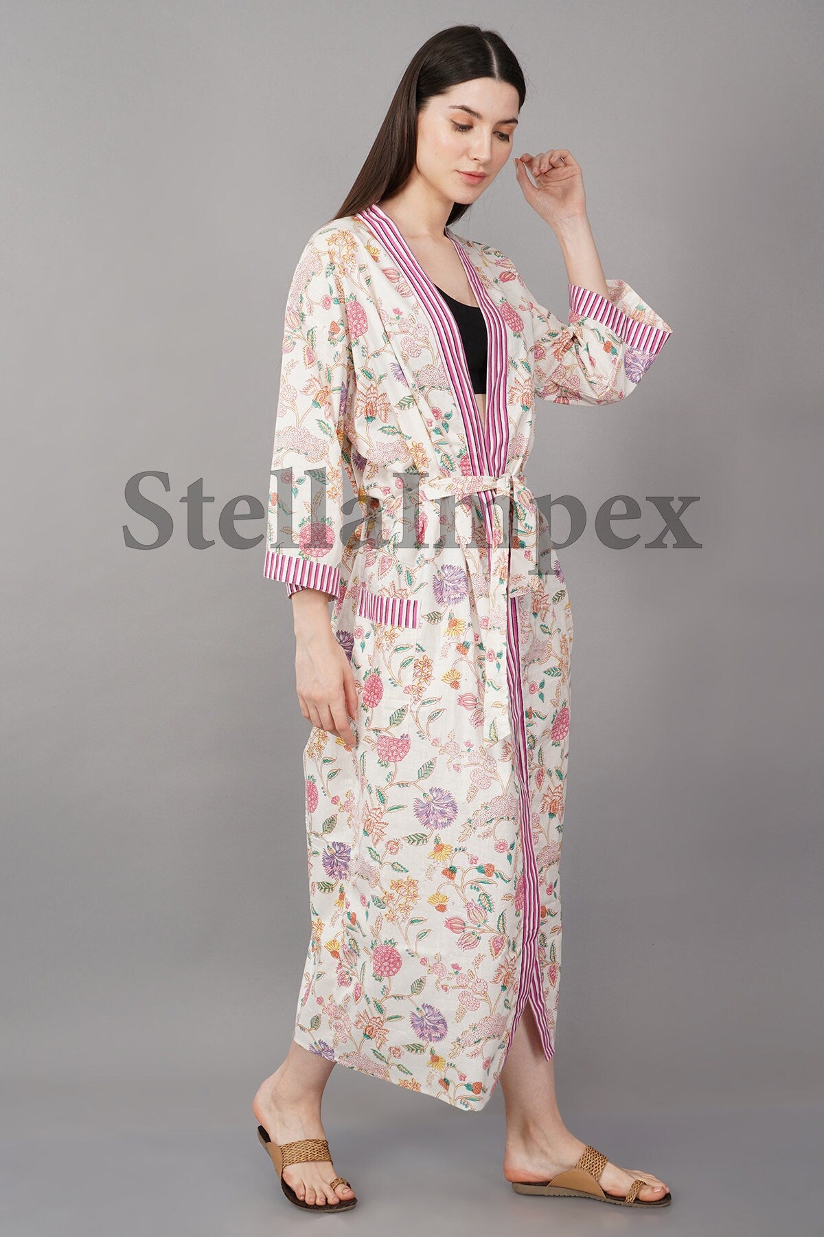 Indian Handmade Cotton Kimono Elegant White & Pink Floral Bathrobe Resort Wear Beach Bikini Cover-ups Boho Kimono Bathrobe, Gift for Her