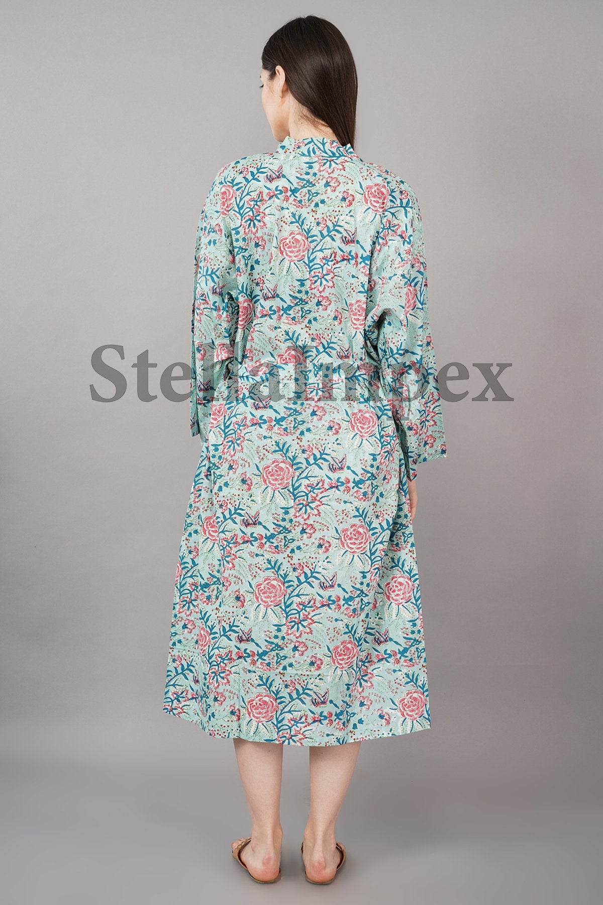 Trendy Cotton Kimono Elegant Blue & Pink Floral Bathrobe Resort Wear Beach Bikini Cover-ups Boho Kimono Bathrobe, Gift for Her