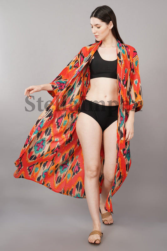 Red & Black Elegant Cotton Kimono Bathrobe Resort Wear Beach Bikini Cover-ups Boho Kimono Bathrobe, Gift for Her