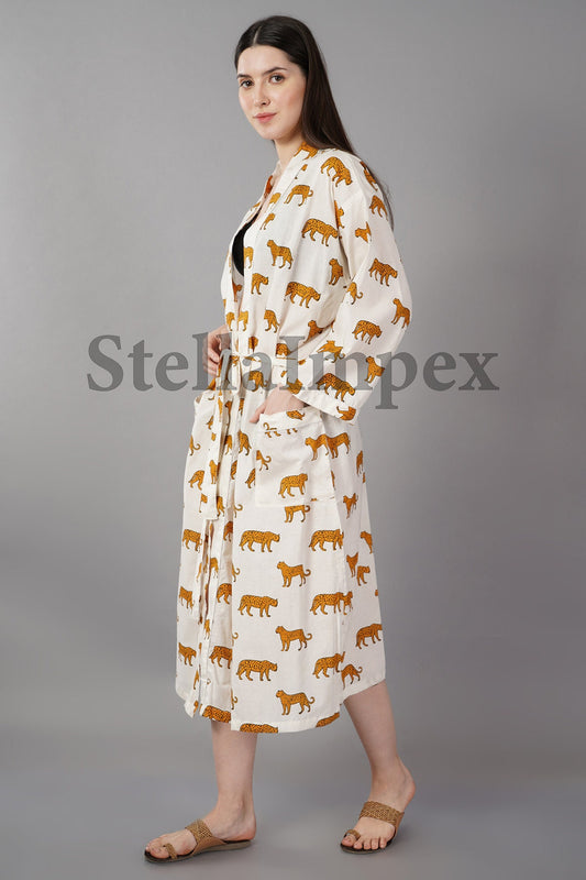 Trendy White & Gold Cheetah Print Elegant Cotton Kimono Bathrobe Resort Wear Beach Bikini Cover-ups Boho Kimono Bathrobe, Gift for Her