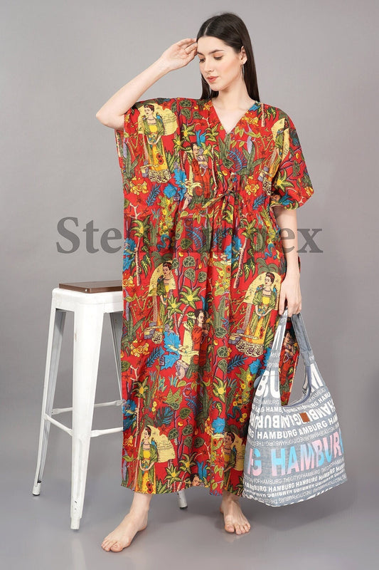 Trendy Cotton Kaftan Elegant Red Frida Kahlo Print Long Caftan Resort Wear Beach Dress Boho Kaftan, Gift for Her