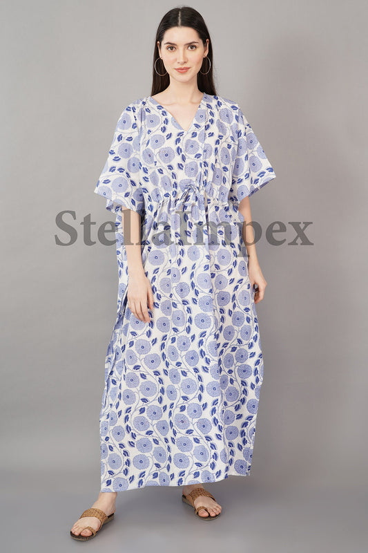 Trendy Cotton Kaftan Elegant White & Blue Floral Long Caftan Resort Wear Beach Dress Boho Kaftan, Gift for Her
