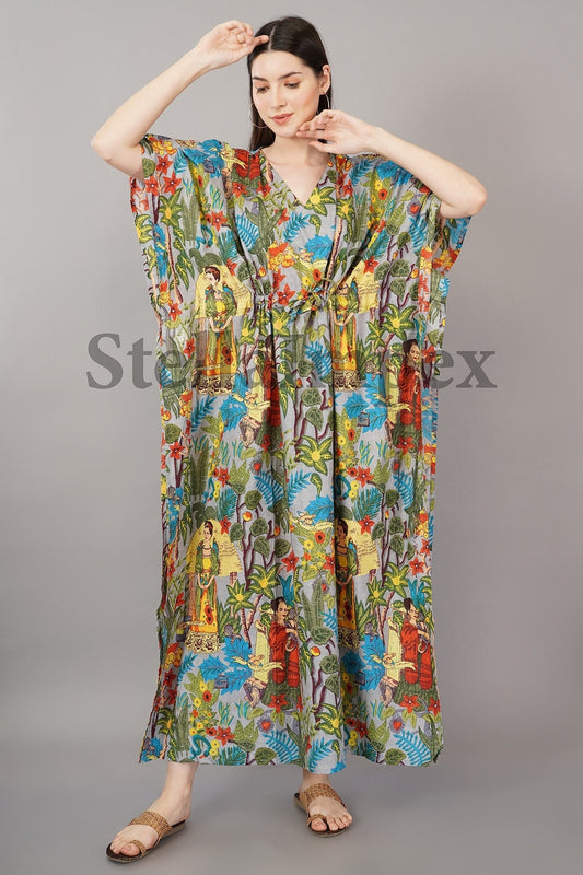 Trendy Cotton Kaftan Elegant Multi-Color Frida Kahlo Print Long Caftan Resort Wear Beach Dress Boho Kaftan, Gift for Her