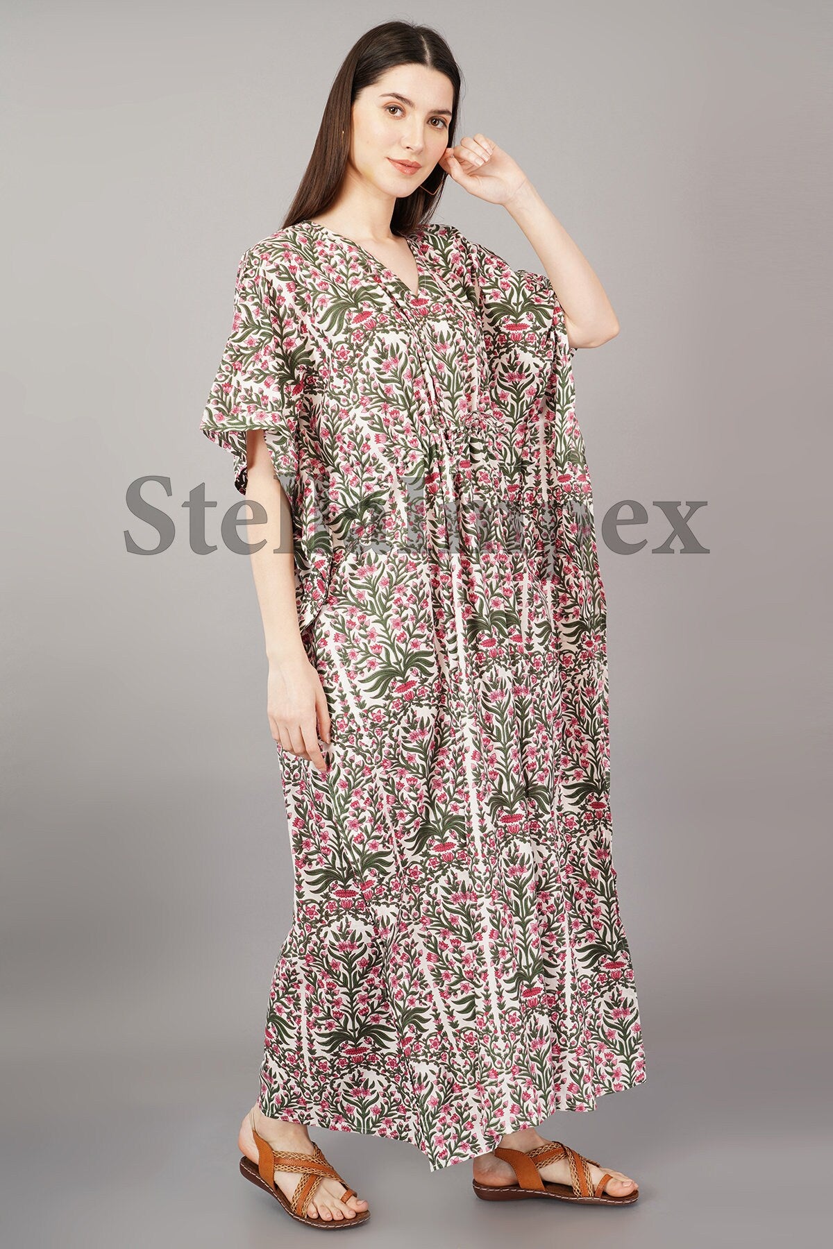 Indian Handmade Beautifull Cotton Kaftan Elegant Pink & Green Floral Long Caftan Resort Wear Beach Dress Boho Kaftan, Gift for Her