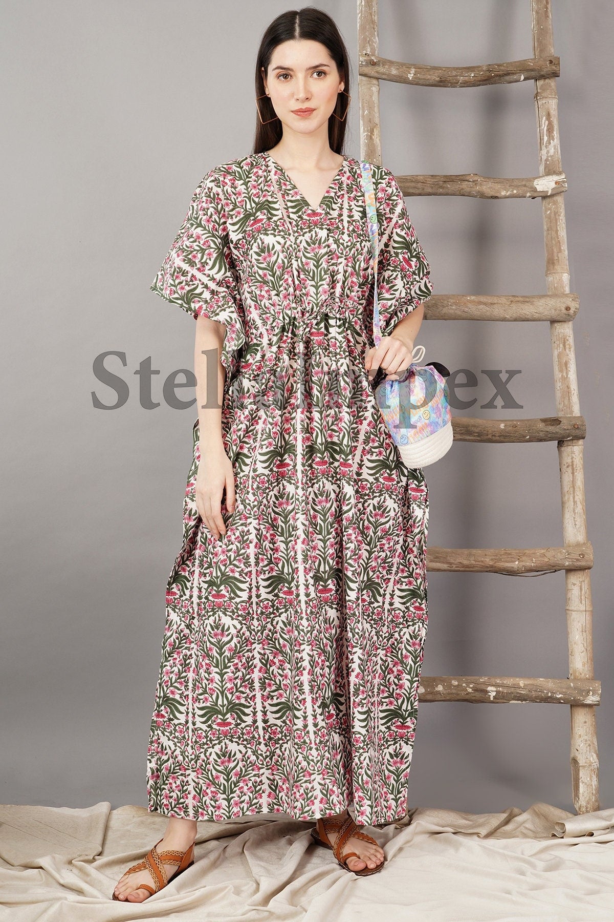 Indian Handmade Beautifull Cotton Kaftan Elegant Pink & Green Floral Long Caftan Resort Wear Beach Dress Boho Kaftan, Gift for Her
