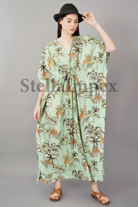 Trendy Handmade Cotton Kaftan Elegant Green Long Caftan Resort Wear Beach Dress Boho Kaftan, Gift for Her