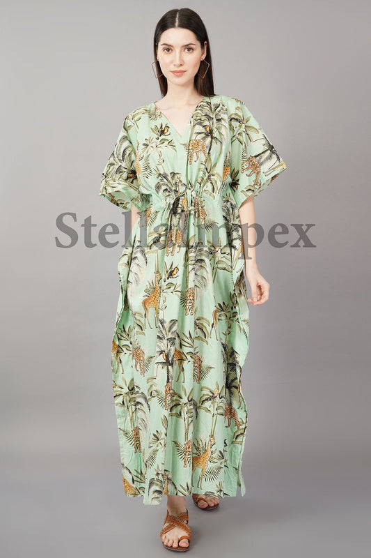 Trendy Handmade Cotton Kaftan Elegant Green Long Caftan Resort Wear Beach Dress Boho Kaftan, Gift for Her