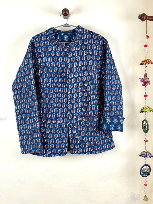 Indian Handmade Quilted Cotton Fabric Jacket Stylish Blue & Red Floral Women's Coat, Reversible Jacket for Her