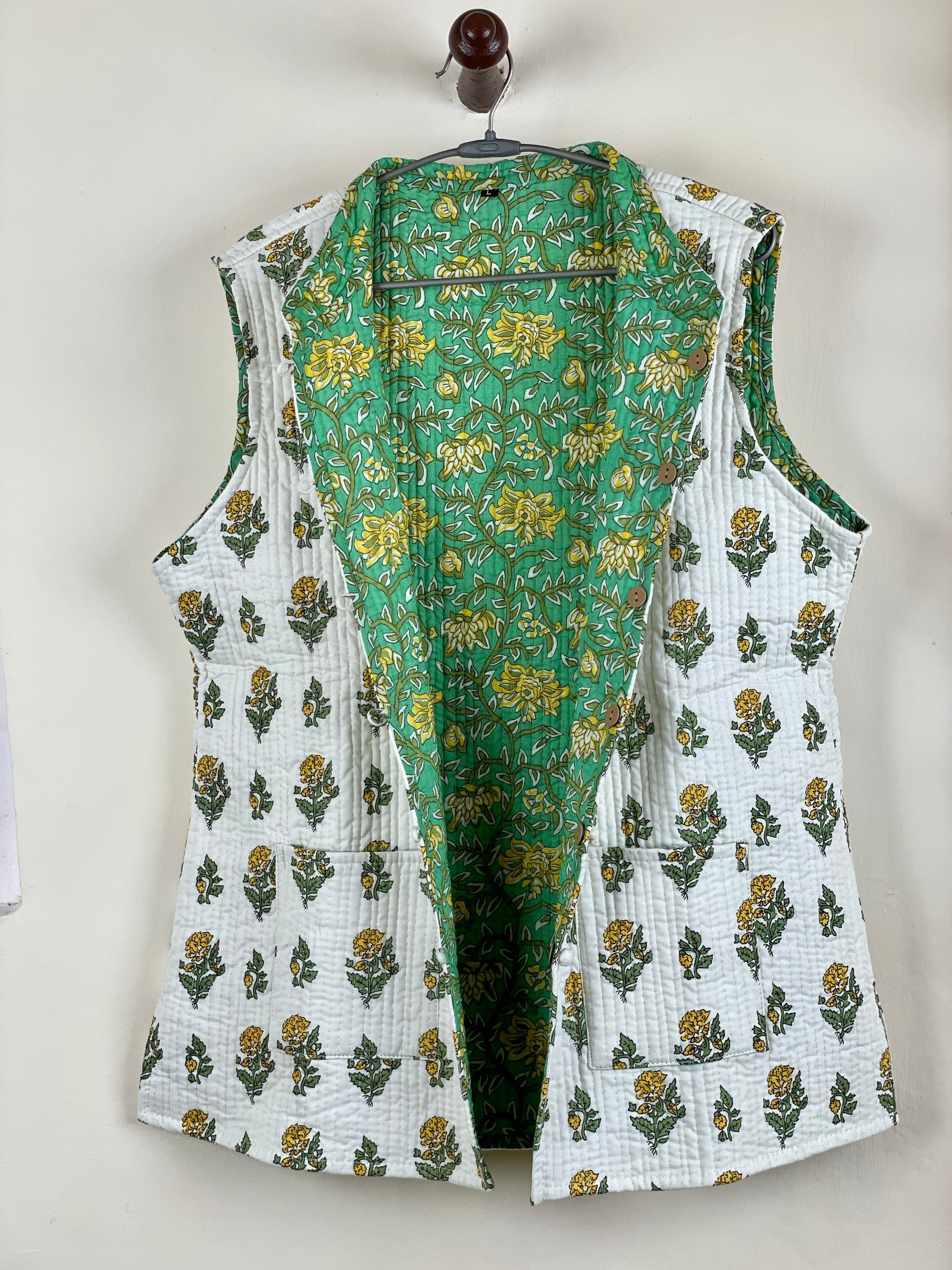 Indian Handmade Quilted Cotton Fabric Jacket Stylish White & Green Floral Women's Sleeveless Vest, Reversible Waistcoat for Her