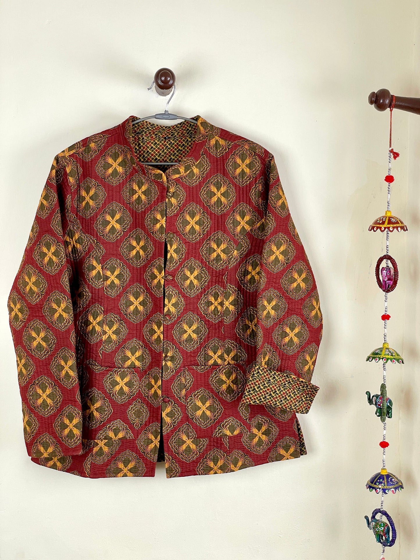 Indian Handmade Quilted Cotton Fabric Jacket Stylish Red & Yellow Bohemian Women's Coat, Reversible Waistcoat for Her