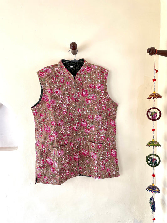 Indian Handmade Quilted Cotton Fabric Jacket Stylish Brown & Pink Floral Women's Sleeveless Vest, Reversible Waistcoat for Her