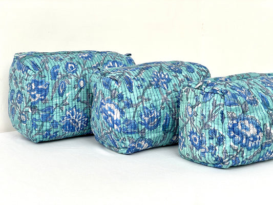 Cotton Quilted Toiletry Bag, Elegant Floral Hand Block Print Fabric Wash Bag, Pack of 3 Green & Blue Makeup Bag, Gift for She, Her