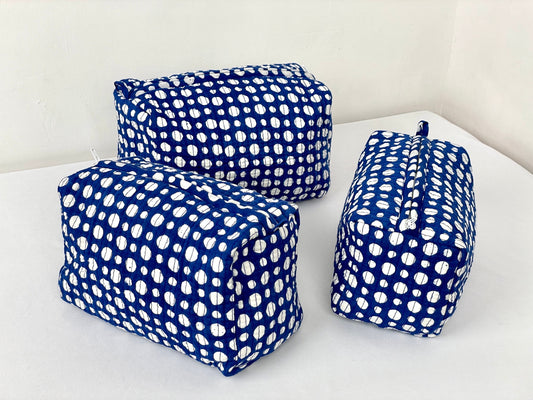 Cotton Quilted Toiletry Bag, Elegant Floral Hand Block Print Fabric Wash Bag, Pack of 3 Blue & White Makeup Bag, Gift for She, Her