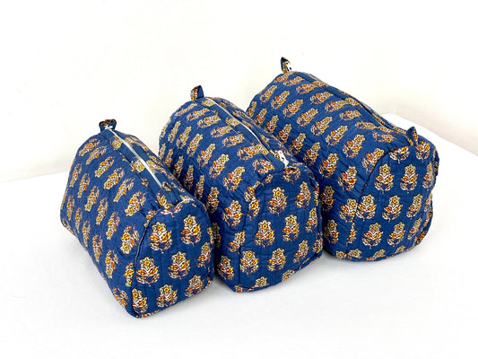 Cotton Quilted Toiletry Bag, Elegant Floral Hand Block Print Fabric Wash Bag, Pack of 3 Blue & Yellow Makeup Bag, Gift for She, Her