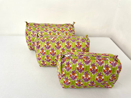 Cotton Quilted Toiletry Bag, Elegant Floral Hand Block Print Fabric Wash Bag, Pack of 3 Green & Purple Makeup Bag, Gift for She, Her
