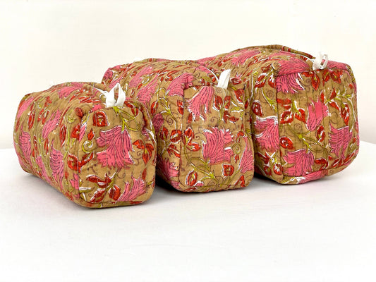Cotton Quilted Toiletry Bag, Elegant Floral Hand Block Print Fabric Wash Bag, Pack of 3 Brown & Pink Makeup Bag, Gift for She, Her