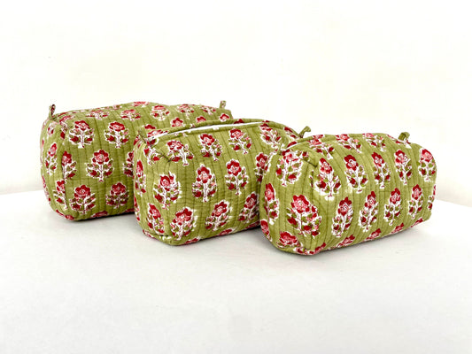 Cotton Quilted Toiletry Bag, Elegant Floral Hand Block Print Fabric Wash Bag, Pack of 3 Green & Red Makeup Bag, Gift for She, Her
