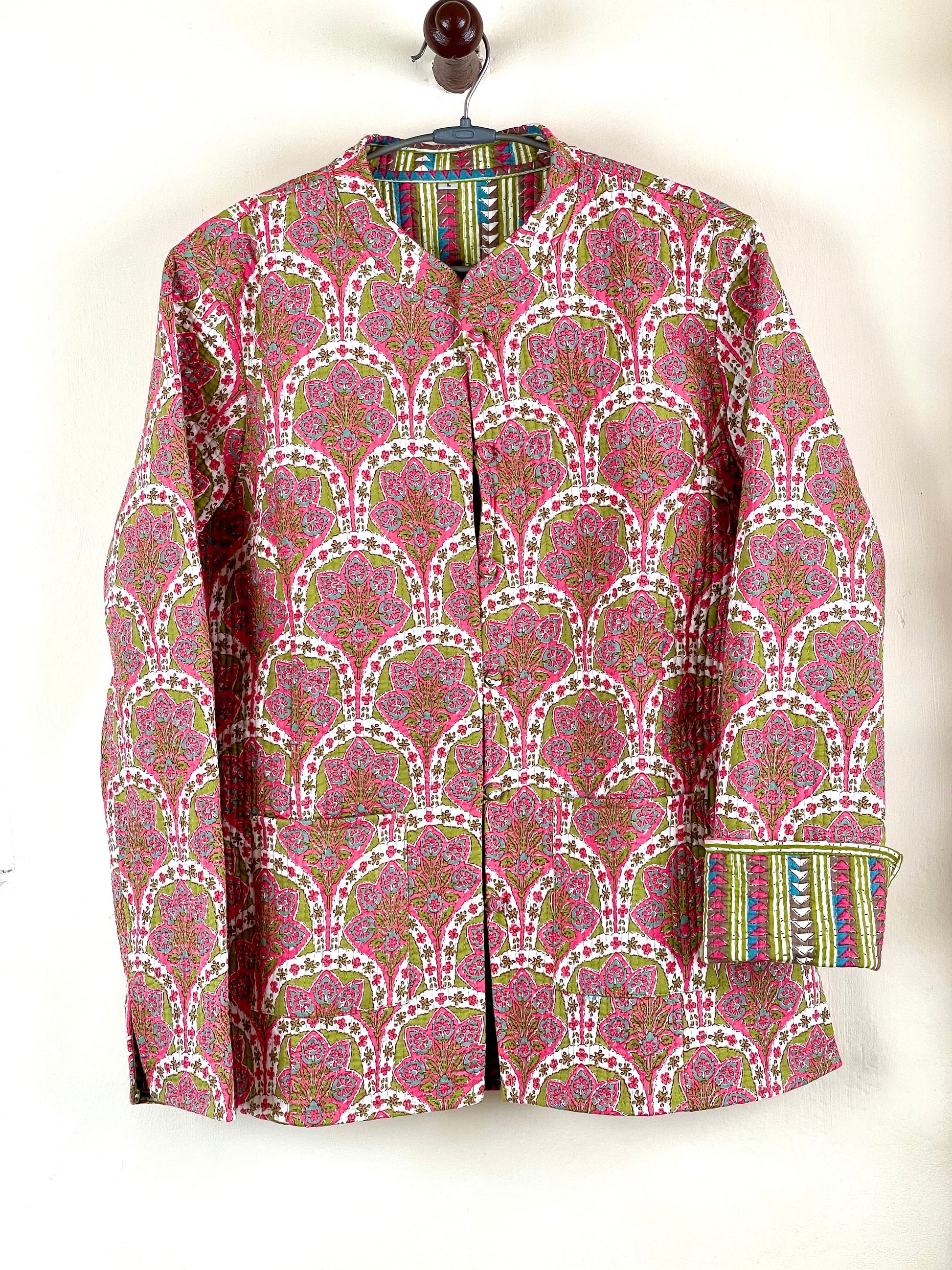 Indian Handmade Quilted Fabric Jacket Stylish Pink & Green Women's Coat, Reversible Jacket for Her
