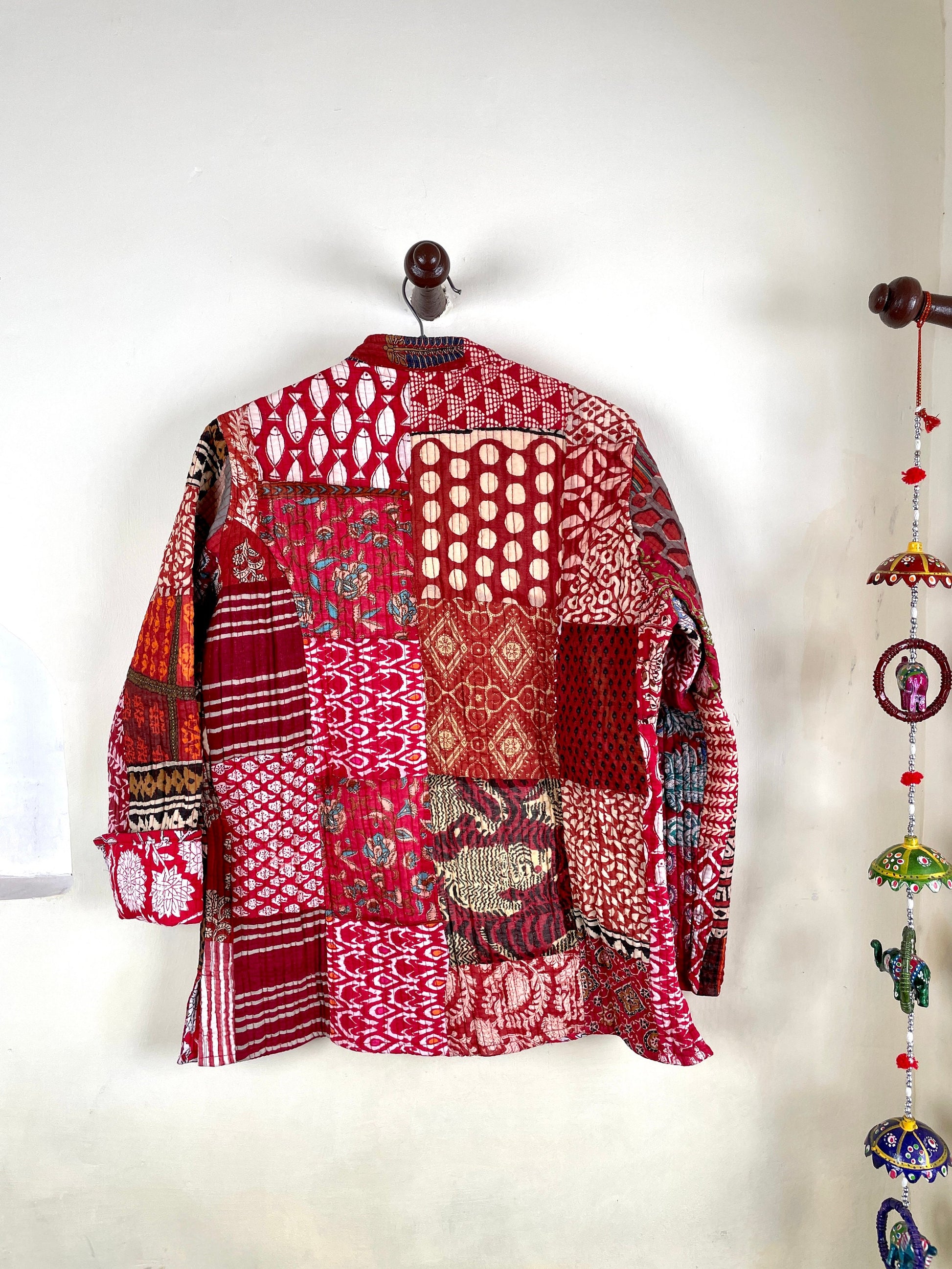 Indian Handmade Quilted Cotton Fabric Jacket Stylish Red Patchwork Women's Coat, Reversible Waistcoat for Her