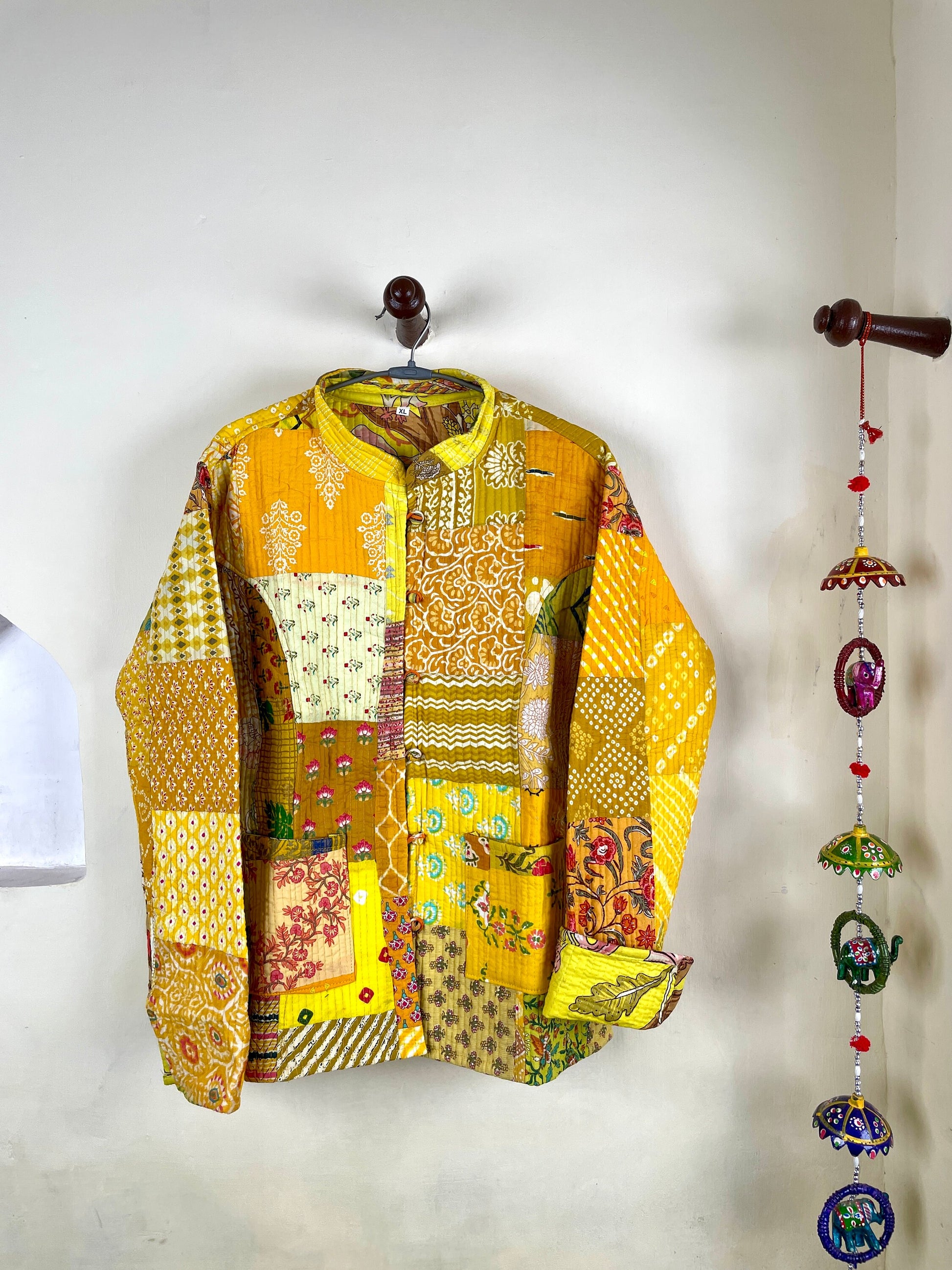 Indian Handmade Quilted Cotton Fabric Jacket Stylish Yellow Women's Coat, Reversible Waistcoat for Her