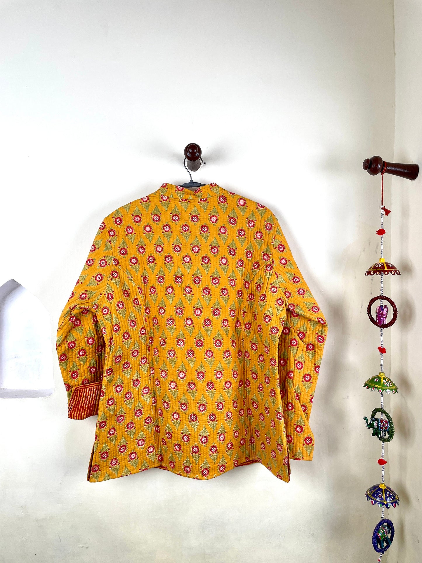 Indian Handmade Quilted Kantha Cotton Fabric Jacket Stylish Yellow Floral Women's Coat, Reversible Waistcoat for Her