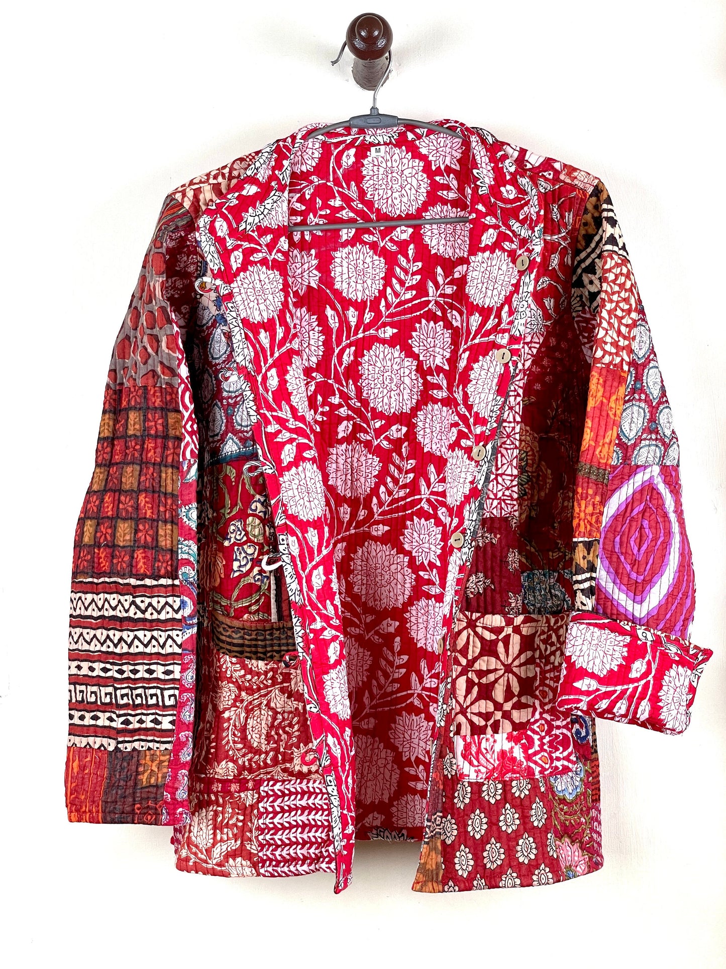 Indian Handmade Quilted Cotton Fabric Jacket Stylish Red Patchwork Women's Coat, Reversible Waistcoat for Her