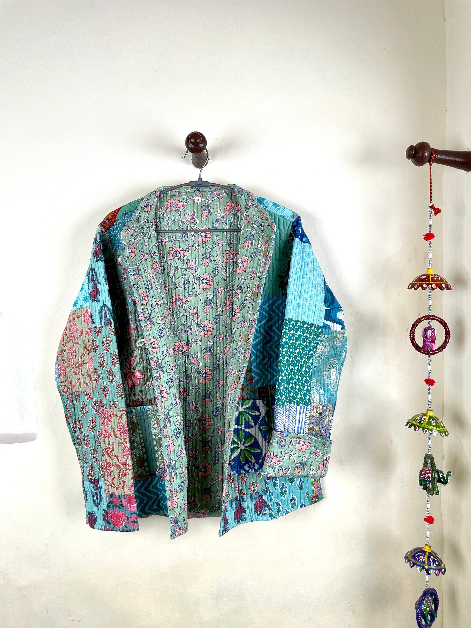 Indian Handmade Quilted Cotton Fabric Jacket Stylish Turquoise Patchwork Women's Coat, Reversible Waistcoat for Her
