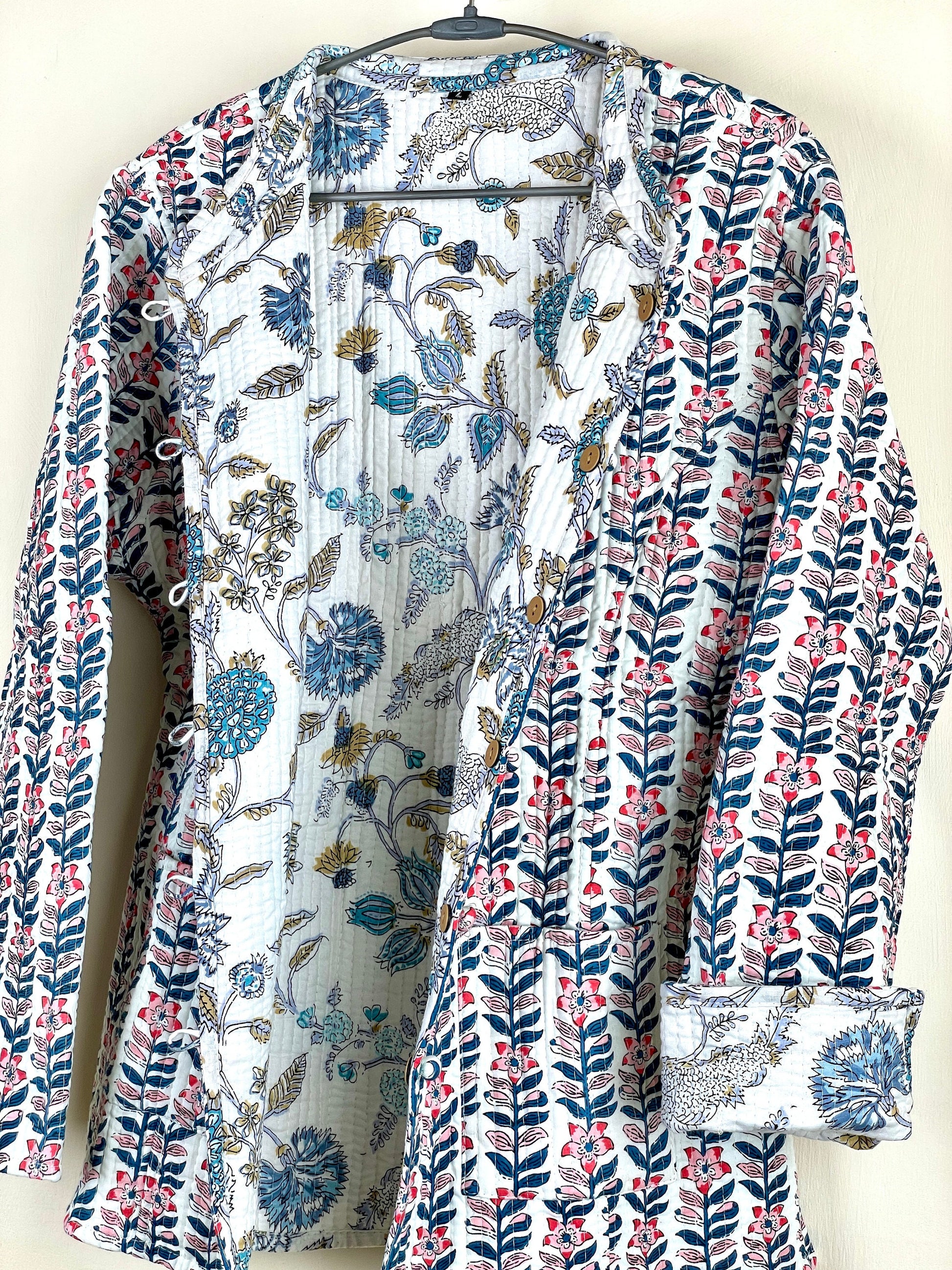 Indian Handmade Quilted Cotton Fabric Jacket Stylish White, Blue & Pink Floral Women's Coat, Reversible Waistcoat, Christmas Gift for Her
