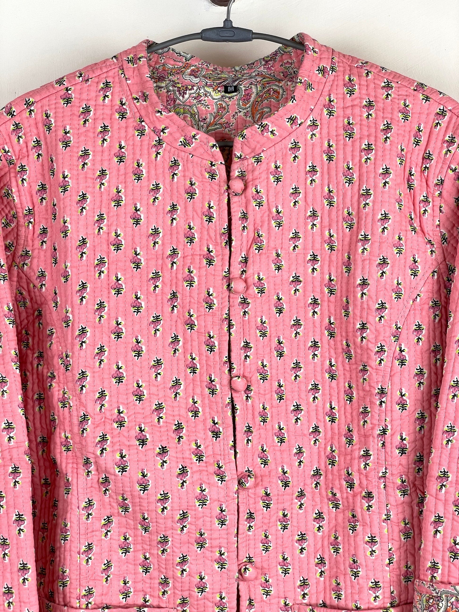 Indian Handmade Quilted Cotton Fabric Jacket Stylish Pink Floral Women's Coat, Reversible Waistcoat, Christmas Gift for Her