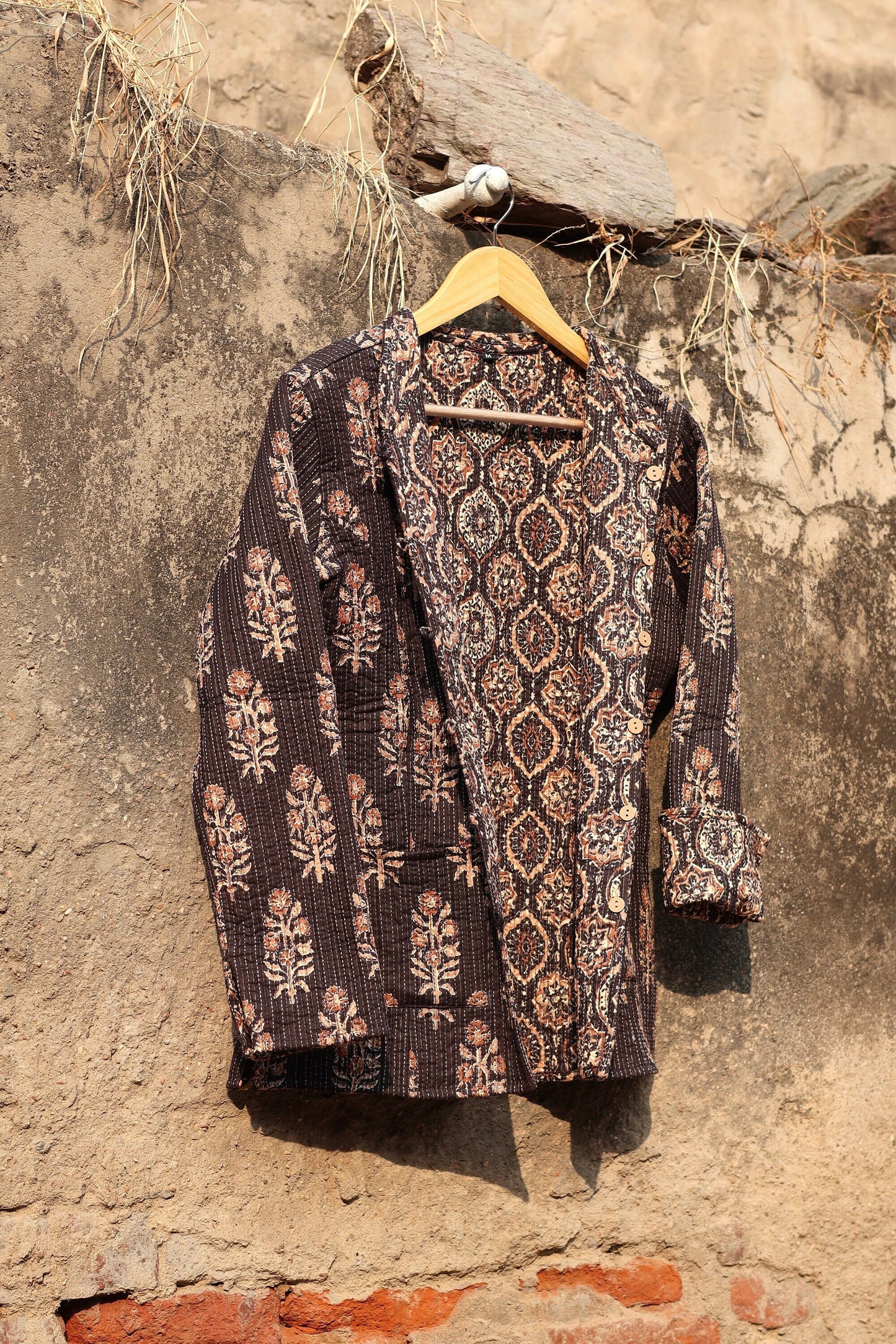 Indian Handmade Quilted Cotton Fabric Jacket Stylish Brown Bohemian Women's Coat, Reversible Waistcoat for Her