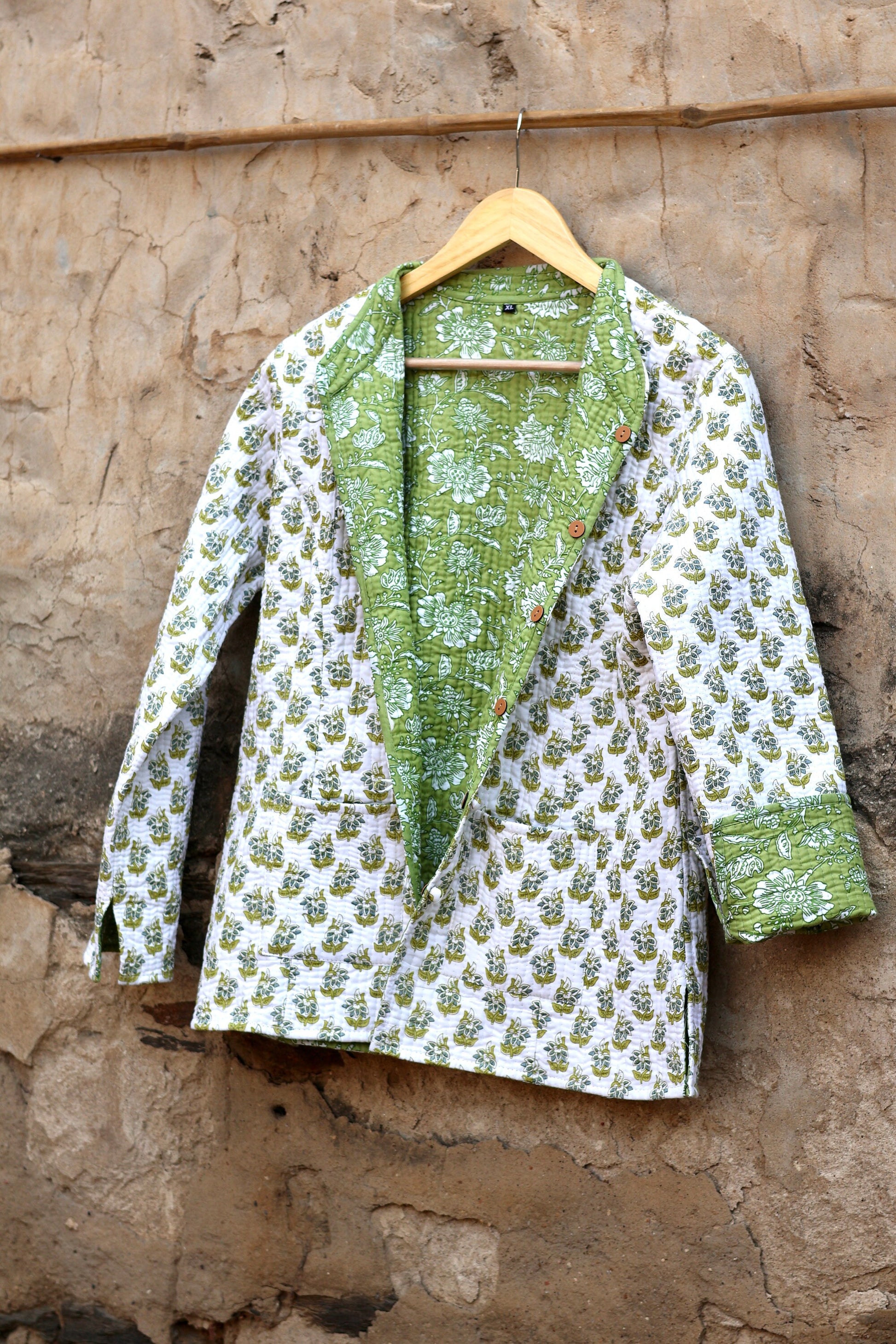 Indian Handmade Quilted Cotton Fabric Kantha Jacket Stylish White & Green Floral Bohemian Women's Coat, Reversible Waistcoat for Her