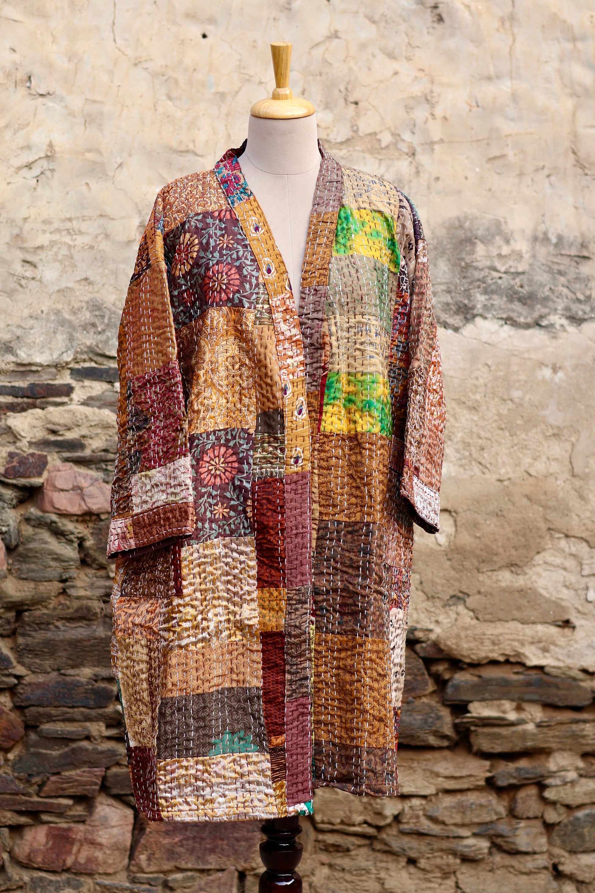 Vintage Handmade Silk Patchwork Kantha Kimono Robe | Indian Silk Kantha Jacket Kimono Robe | Bridesmaid Robe | Kantha Kimono