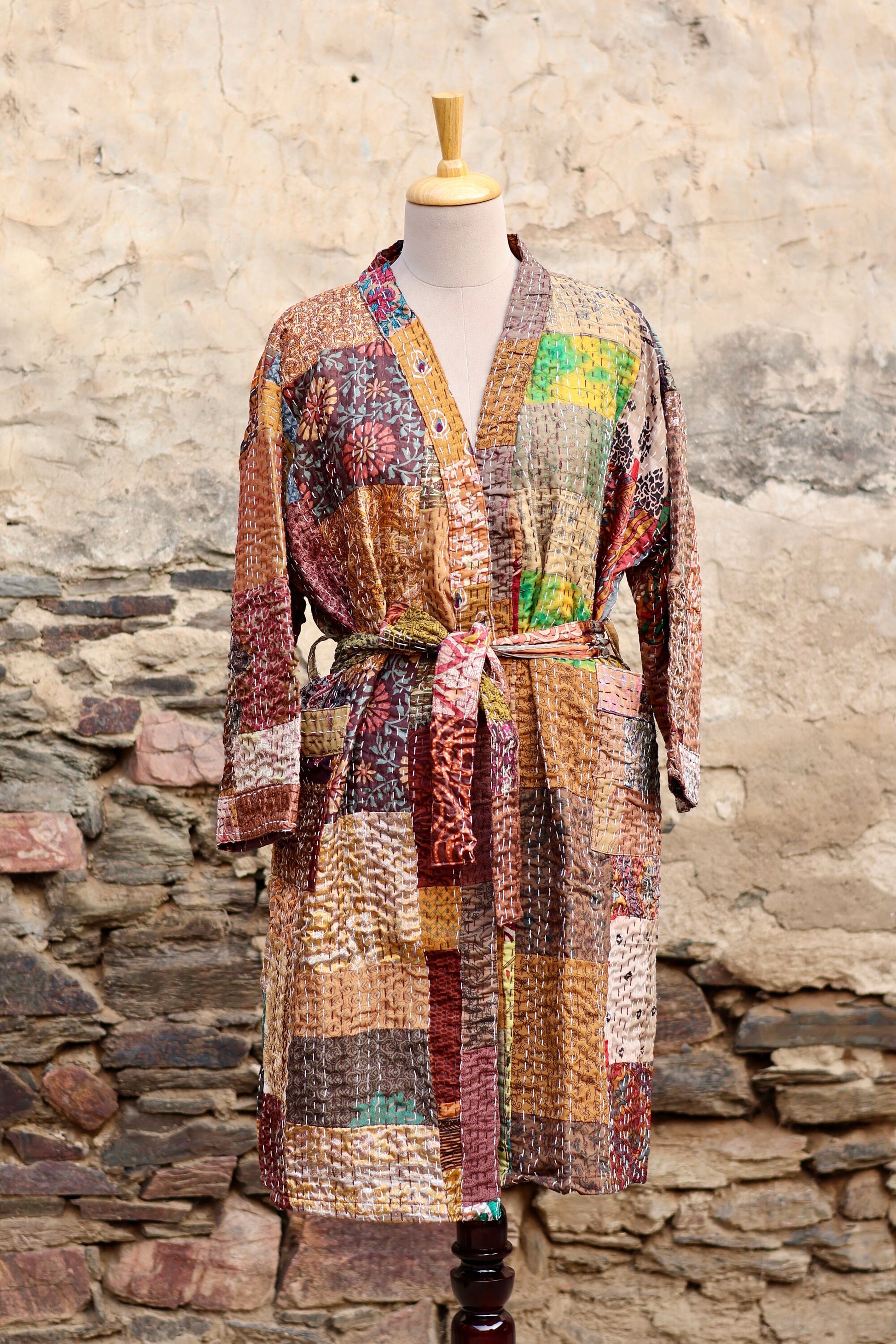Vintage Handmade Silk Patchwork Kantha Kimono Robe | Indian Silk Kantha Jacket Kimono Robe | Bridesmaid Robe | Kantha Kimono
