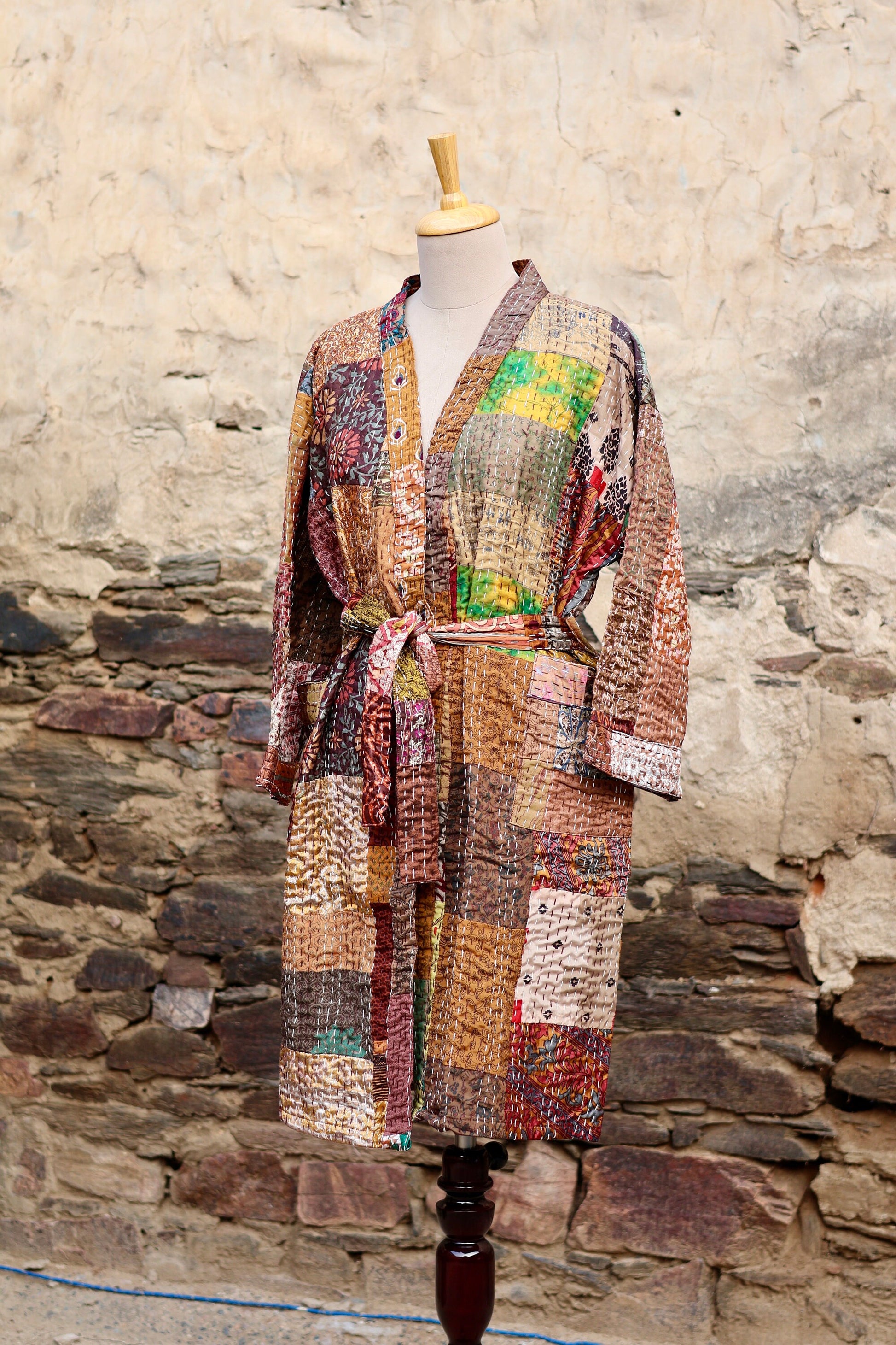 Vintage Handmade Silk Patchwork Kantha Kimono Robe | Indian Silk Kantha Jacket Kimono Robe | Bridesmaid Robe | Kantha Kimono