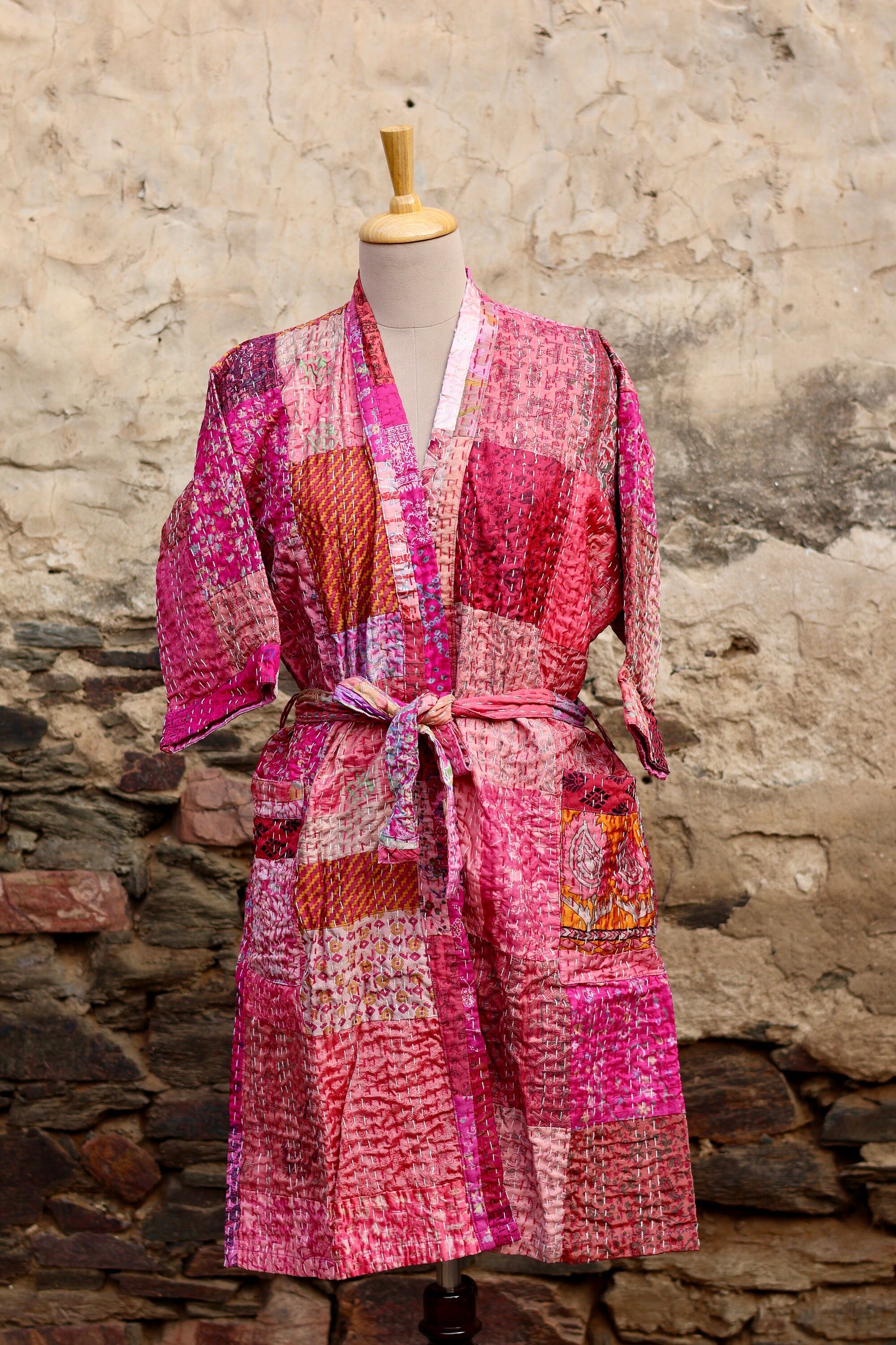 Vintage Handmade Silk Patchwork Kantha Kimono Robe | Indian Silk Kantha Jacket Kimono Robe | Bridesmaid Robe | Kantha Kimono