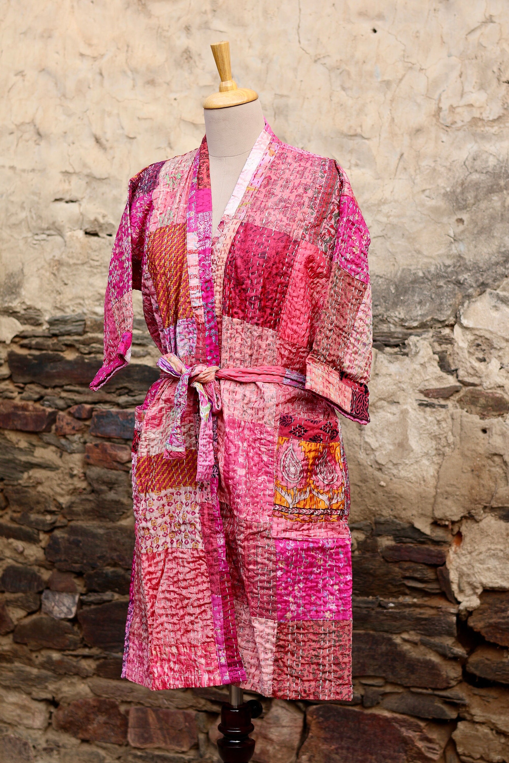 Vintage Handmade Silk Patchwork Kantha Kimono Robe | Indian Silk Kantha Jacket Kimono Robe | Bridesmaid Robe | Kantha Kimono