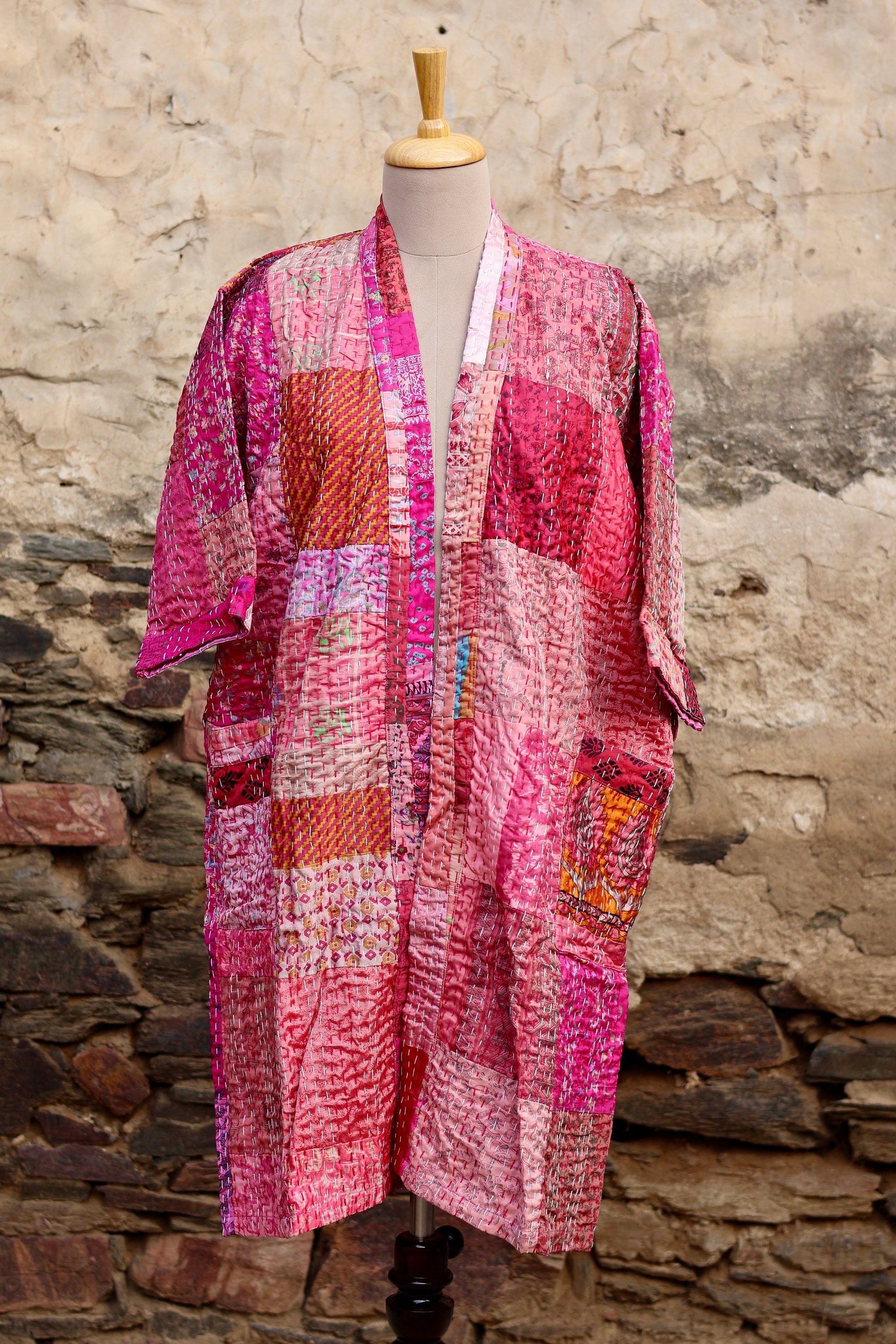 Vintage Handmade Silk Patchwork Kantha Kimono Robe | Indian Silk Kantha Jacket Kimono Robe | Bridesmaid Robe | Kantha Kimono