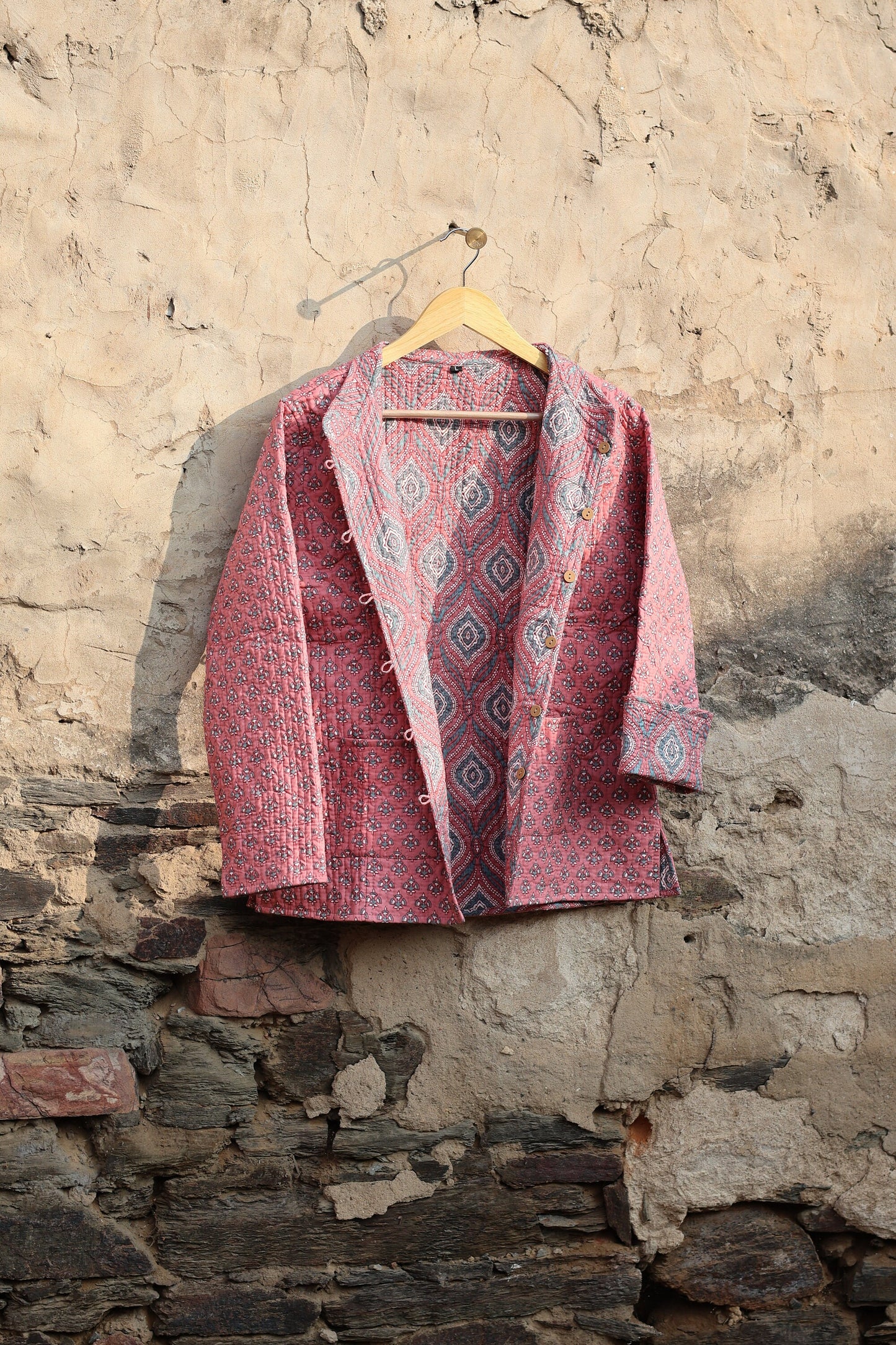 Indian Handmade Quilted Kantha Cotton Fabric Jacket Stylish Pink & Blue Floral Women's Coat, Reversible Waistcoat for Her