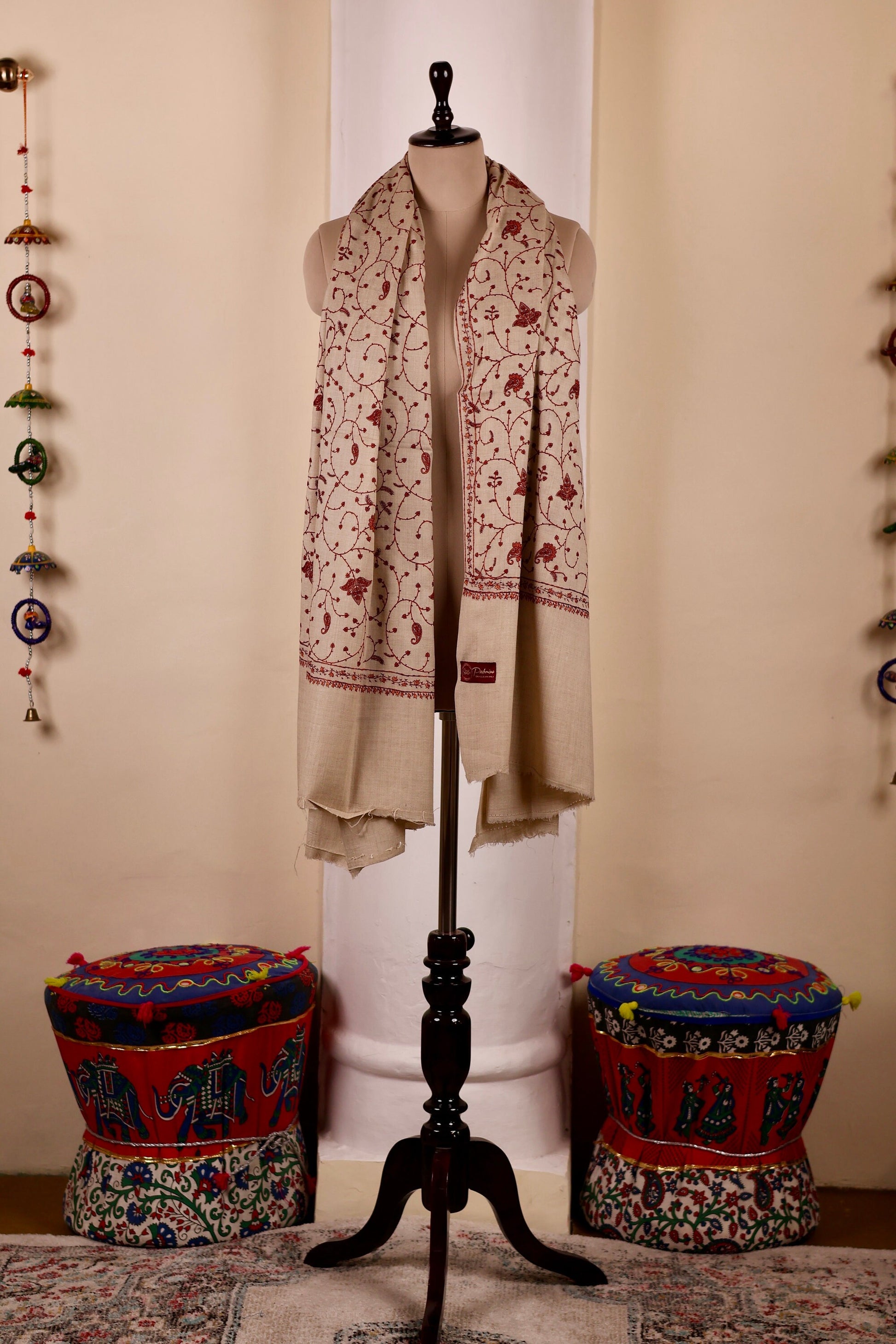 Beige Pashmina Cashmere Shawl, Sozni Embroidery Kashmiri Pashmina Silk Shawl, Premium Cashmere Scarfs, Soft & Warm Shawls, Christmas Gift