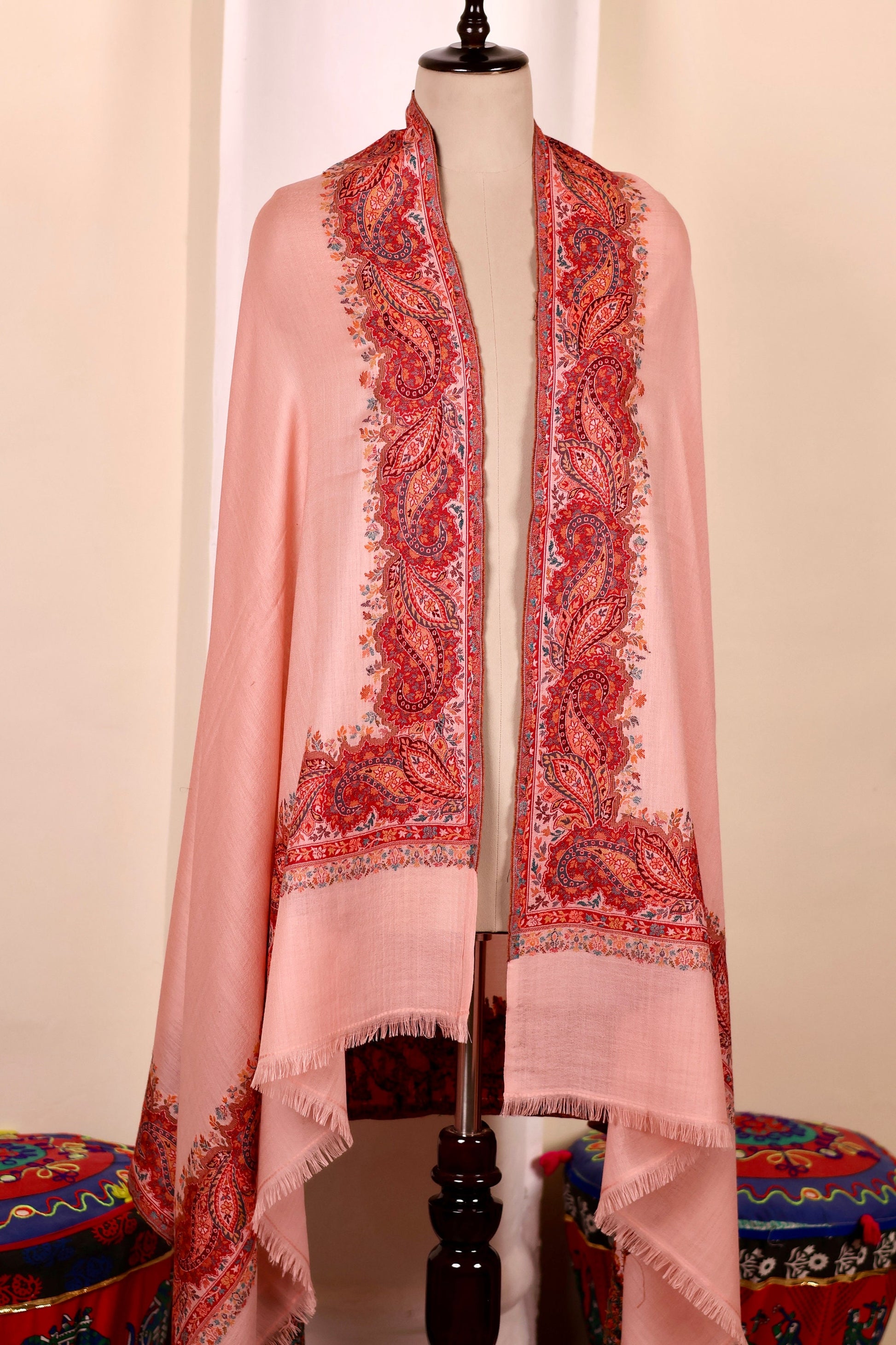 Pink Pashmina Cashmere Shawl, Kalamkari Embroidery Kashmiri Pashmina Silk Shawl, Premium Cashmere Scarfs, Soft & Warm Shawls, Christmas Gift