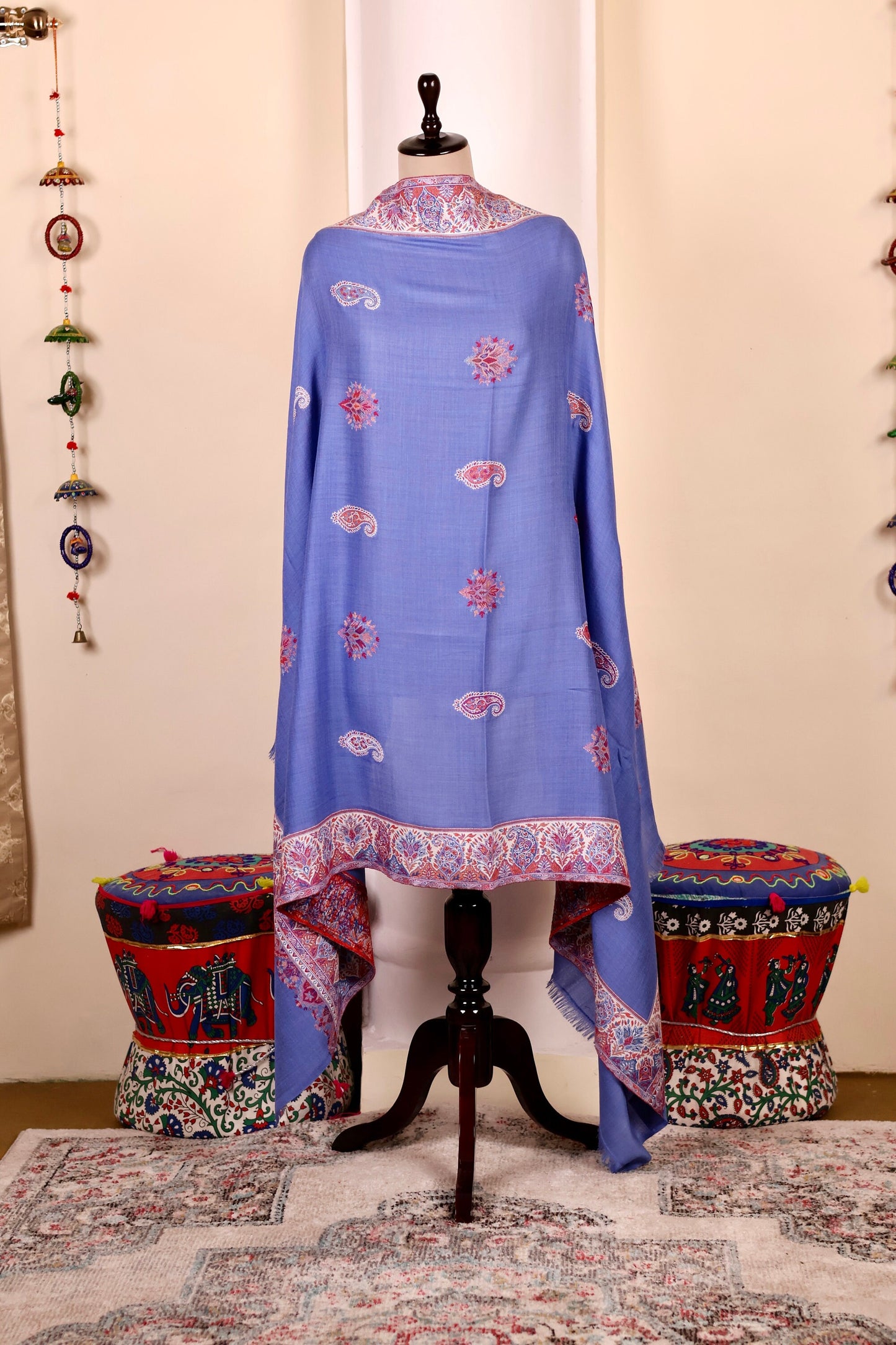 Blue Pashmina Cashmere Shawl, Kalamkari Kashmiri Pashmina Silk Shawl, Premium Cashmere Scarfs, Soft & Warm Shawls Christmas Gift