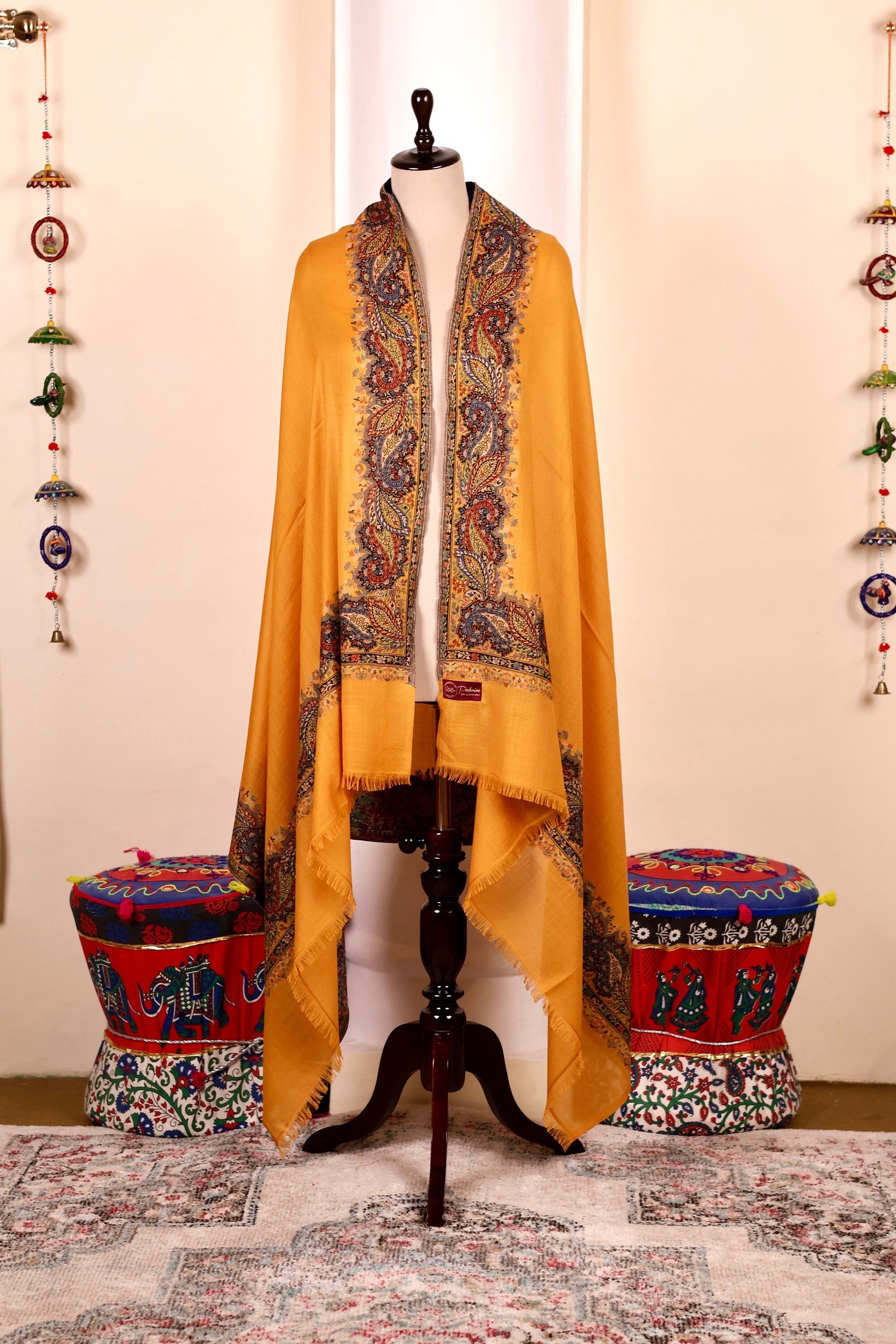 Marigold Pashmina Cashmere Shawl, Kalamkari Kashmiri Pashmina Silk Shawl, Premium Cashmere Scarfs, Soft & Warm Shawls Christmas Gift