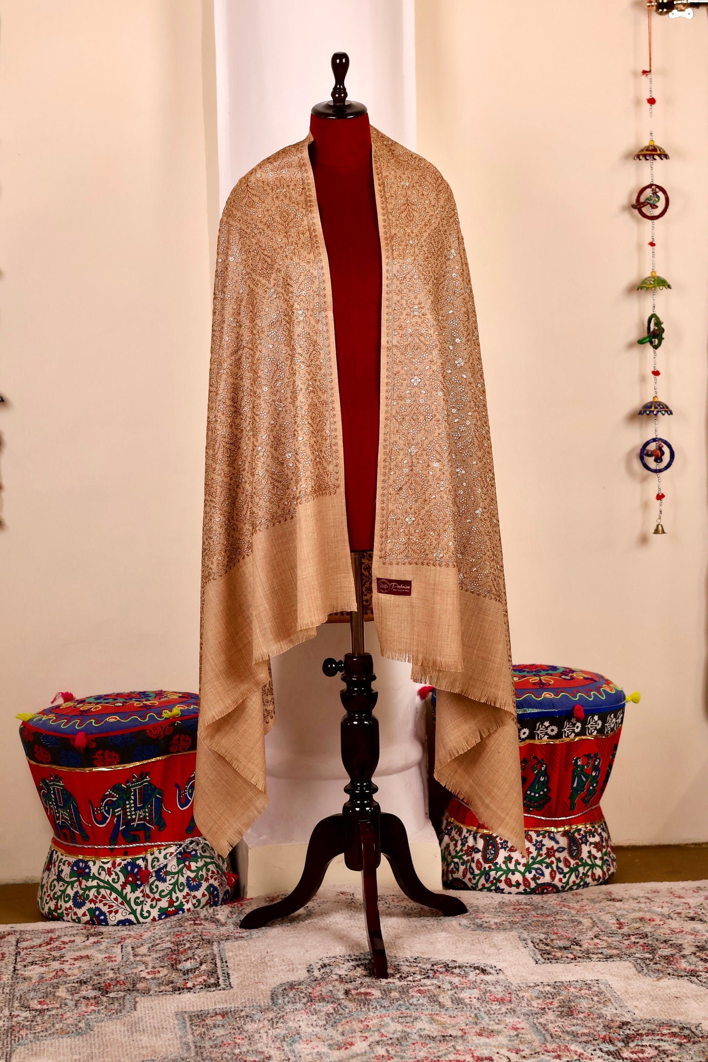 Gold Pashmina Cashmere Shawl, Kani Embroidery Kashmiri Pashmina Silk Shawl, Premium Cashmere Shawls, Soft & Warm Shawls, Christmas Gift