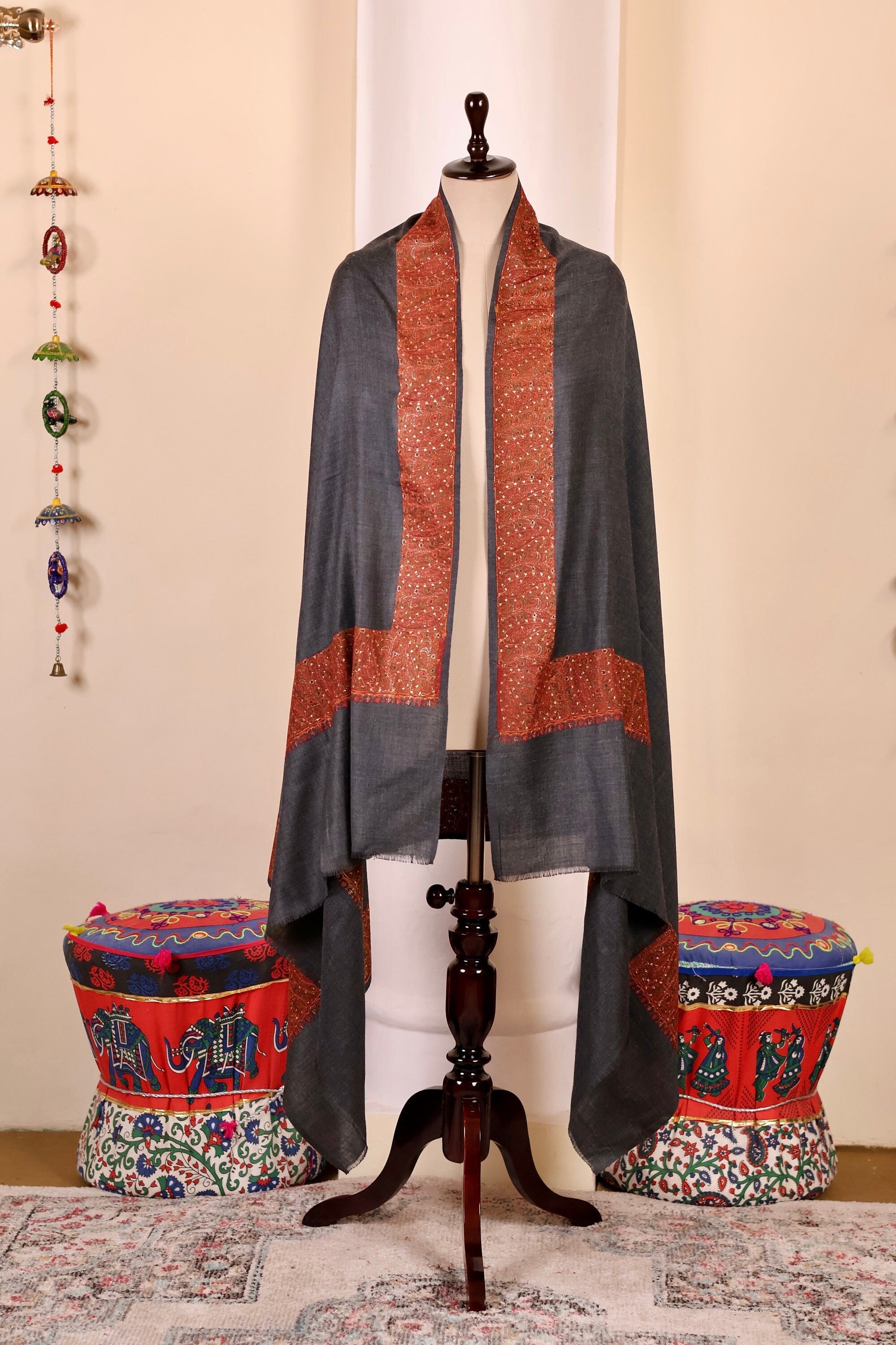 Elegant Pashmina Cashmere Shawl, Dark Grey Handmade Kashmiri Pashmina Silk Shawl, Premium Cashmere Scarfs, Soft & Warm Shawls Christmas Gift