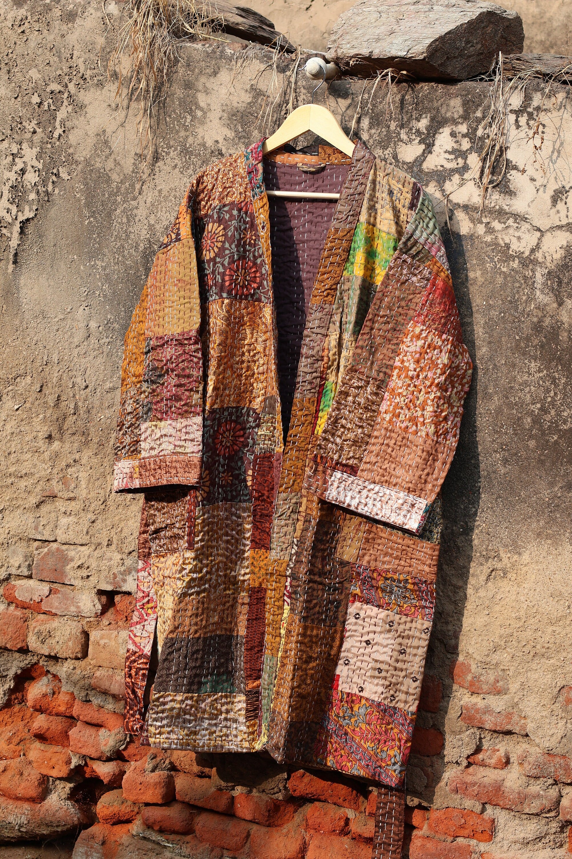 Vintage Handmade Silk Patchwork Kantha Kimono Robe | Indian Silk Kantha Jacket Kimono Robe | Bridesmaid Robe | Kantha Kimono