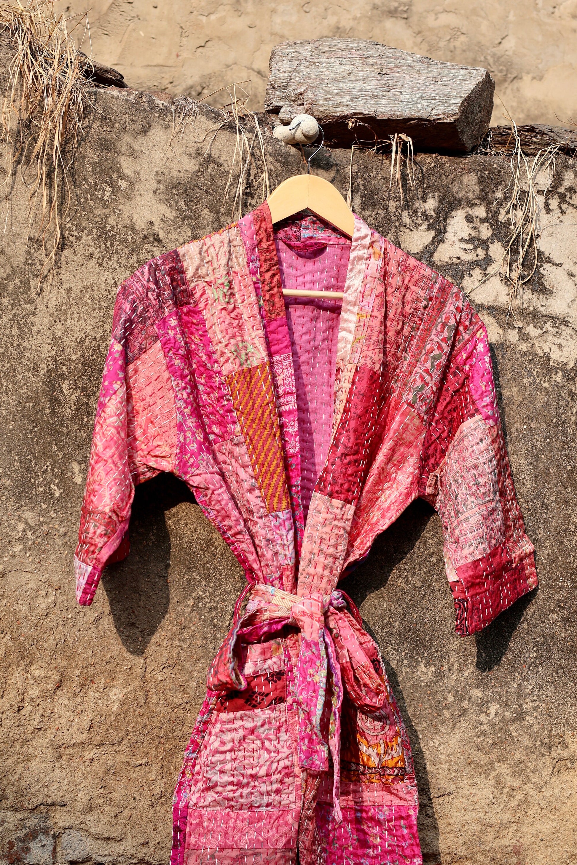 Vintage Handmade Silk Patchwork Kantha Kimono Robe | Indian Silk Kantha Jacket Kimono Robe | Bridesmaid Robe | Kantha Kimono