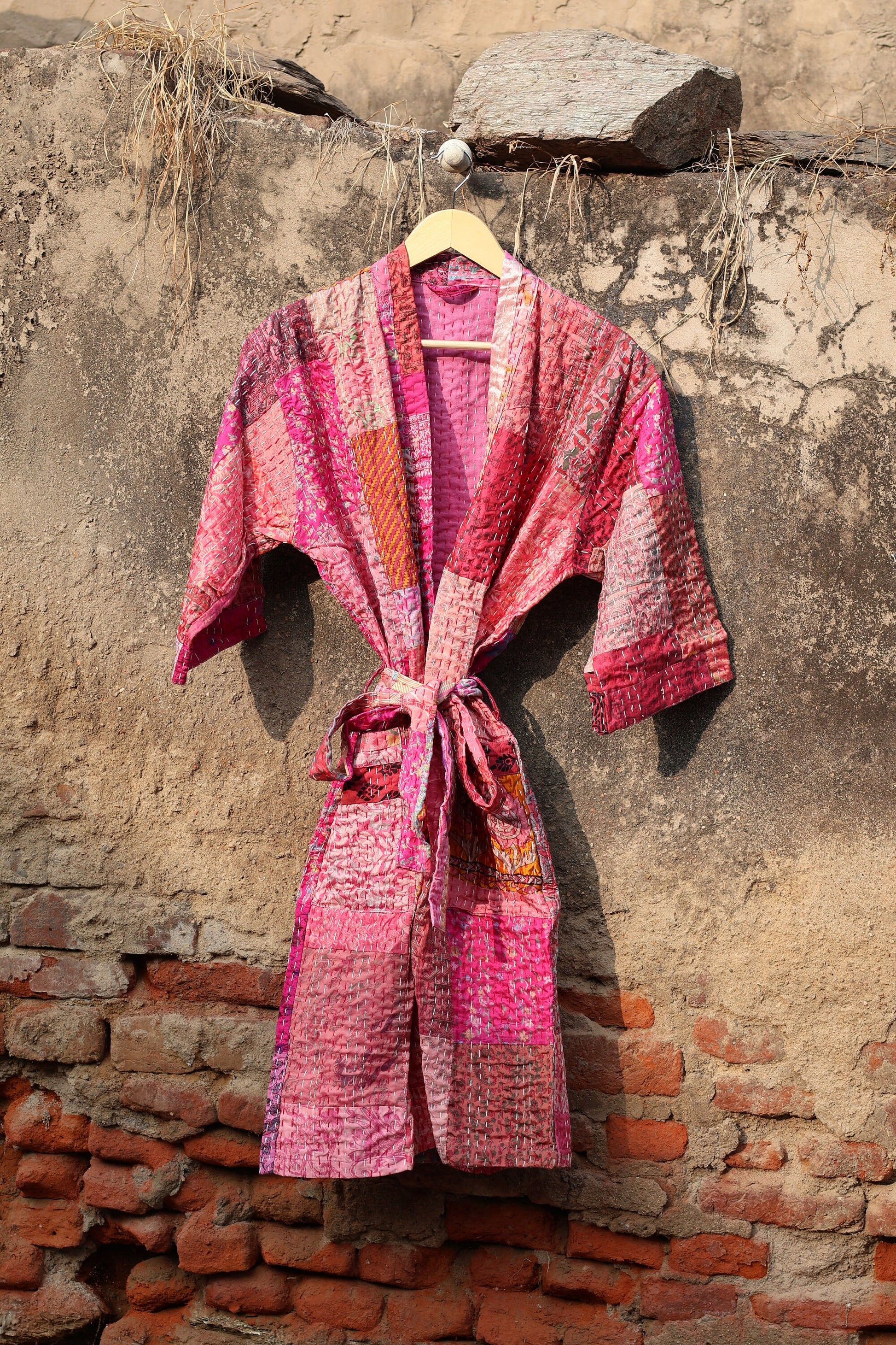 Vintage Handmade Silk Patchwork Kantha Kimono Robe | Indian Silk Kantha Jacket Kimono Robe | Bridesmaid Robe | Kantha Kimono